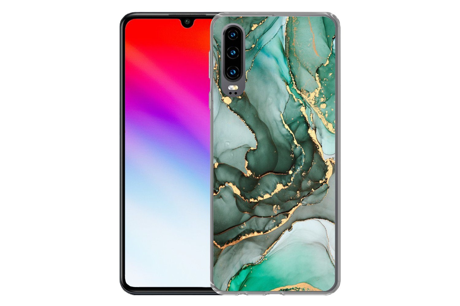 MuchoWow Handyhülle für Huawei P30 Gold - Marmor - Grün - Luxus - Marmoroptik - Grau, Handy Case, Silikon, Bumper Case Dünn