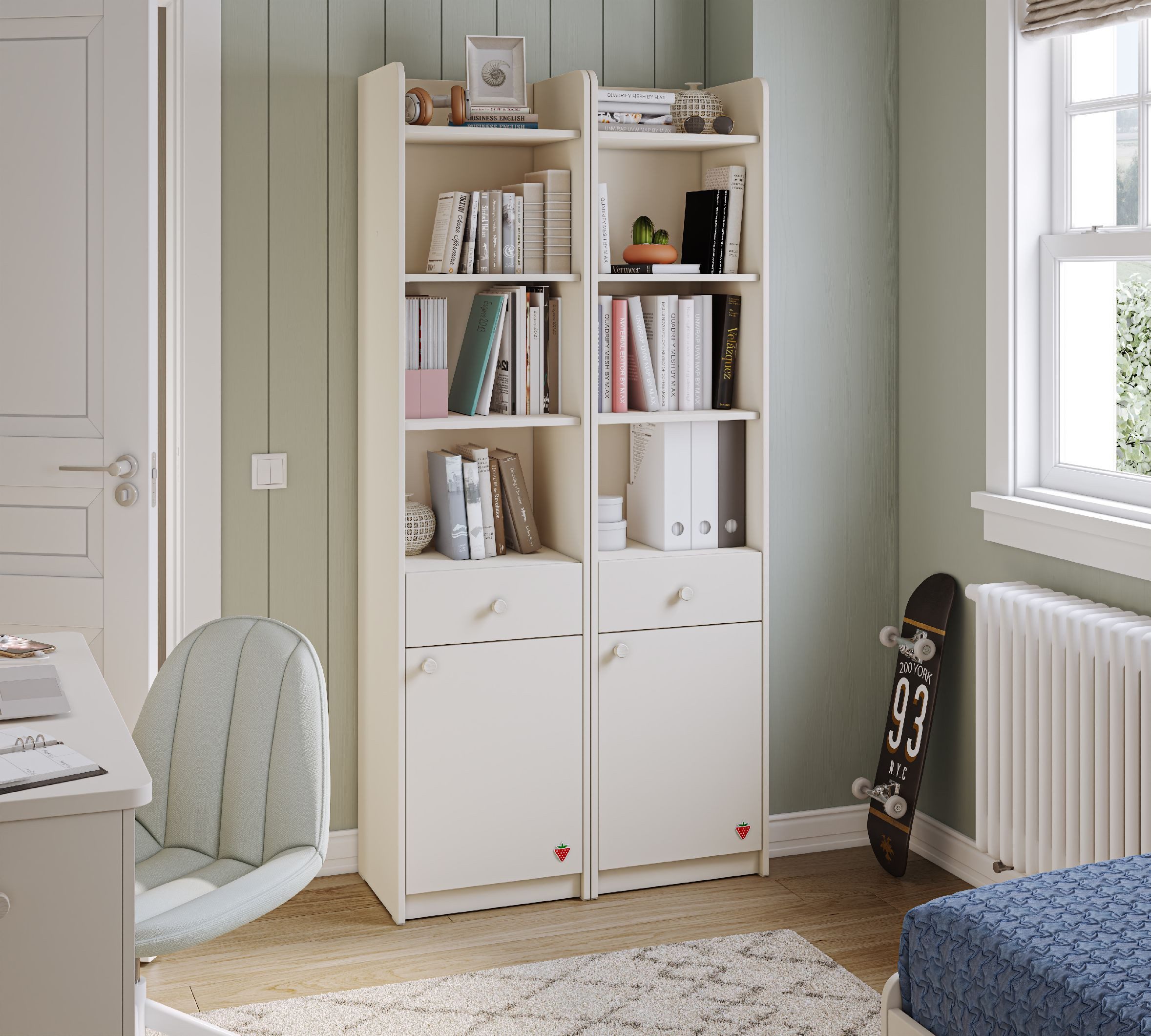 Möbel-Zeit Bücherregal VARIA mit Schublade & Türfach – Organizer in Creme oder Weiß