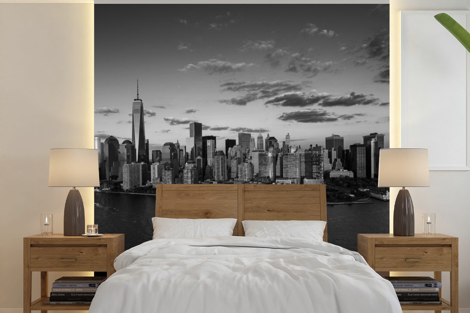 MuchoWow Fototapete New York vom Wasser aus - schwarz und weiß, Matt, bedruckt, (5 St), Vinyl Tapete für Wohnzimmer oder Schlafzimmer, Wandtapete