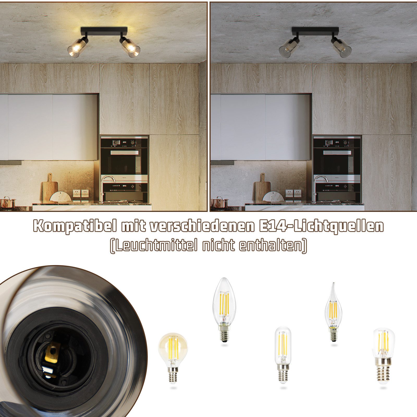 Nettlife Deckenstrahler Vintage Schwarz Glas E14 Retro Deckenleuchte Schwenkbar 350°, LED wechselbar, Flur Wandstrahler für Küche Wohnzimmer