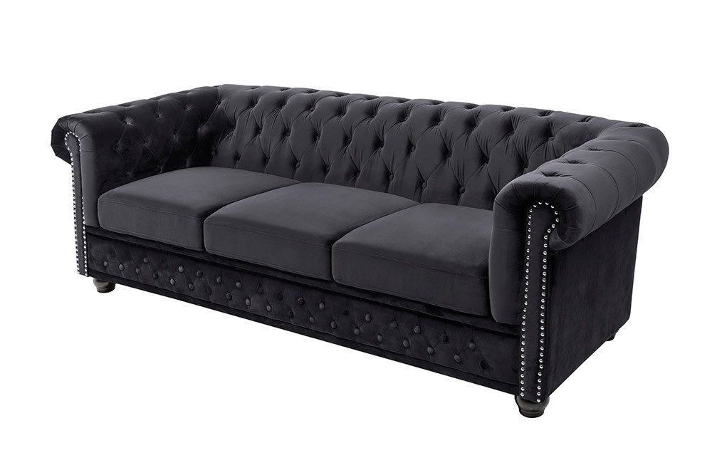 riess-ambiente Sofa CHESTERFIELD 205cm schwarz - Samt, Federkern, Knopfheft günstig online kaufen