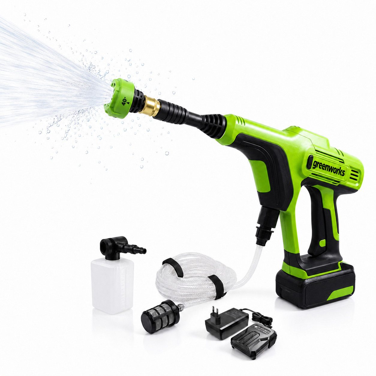 Greenworks Akku-Hochdruckreiniger 24V Akku Hochdruckreiniger 600 PSI kabellos mit 400W Motor, 4.0Ah, selbstansaugend, tragbarer Druckreiniger für Auto und Garten