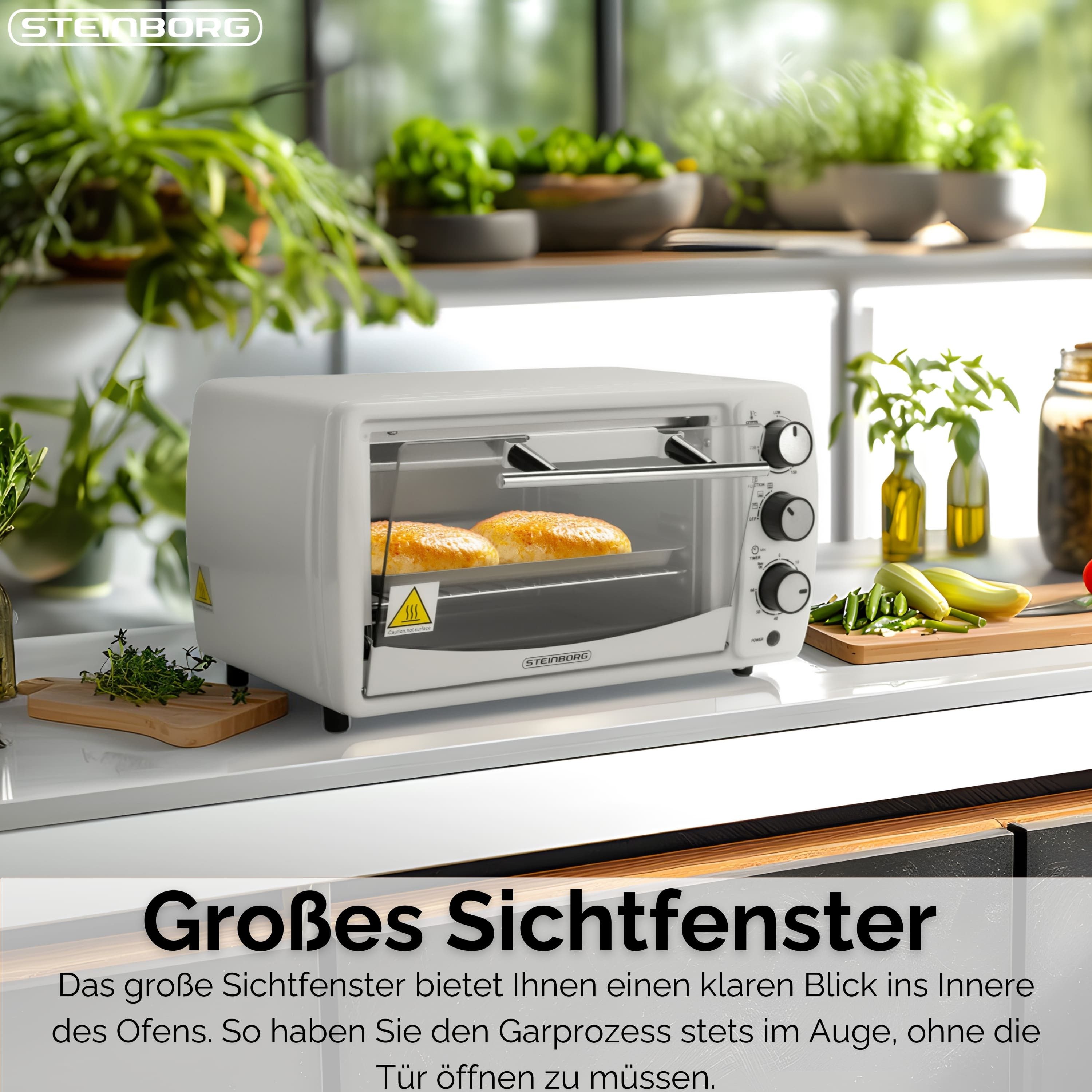 STEINBORG Minibackofen SB-3005w, 13 Liter, Großes Sichtfenster, Hitzebeständiges Gehäuse, 1200 Watt