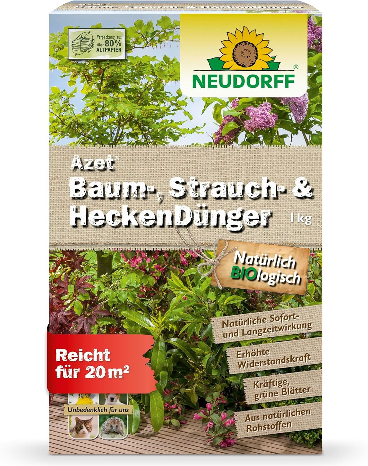 Neudorff Добриво для газону Bio - Azet Baum-, Strauch- und HeckenDünger 1 kg, Thuja Добриво mit viel Eisen für kräftig-grüne Blätter und Nadeln, mit viel Kalium für hohe Toleranz bei Trockenheit und Frost