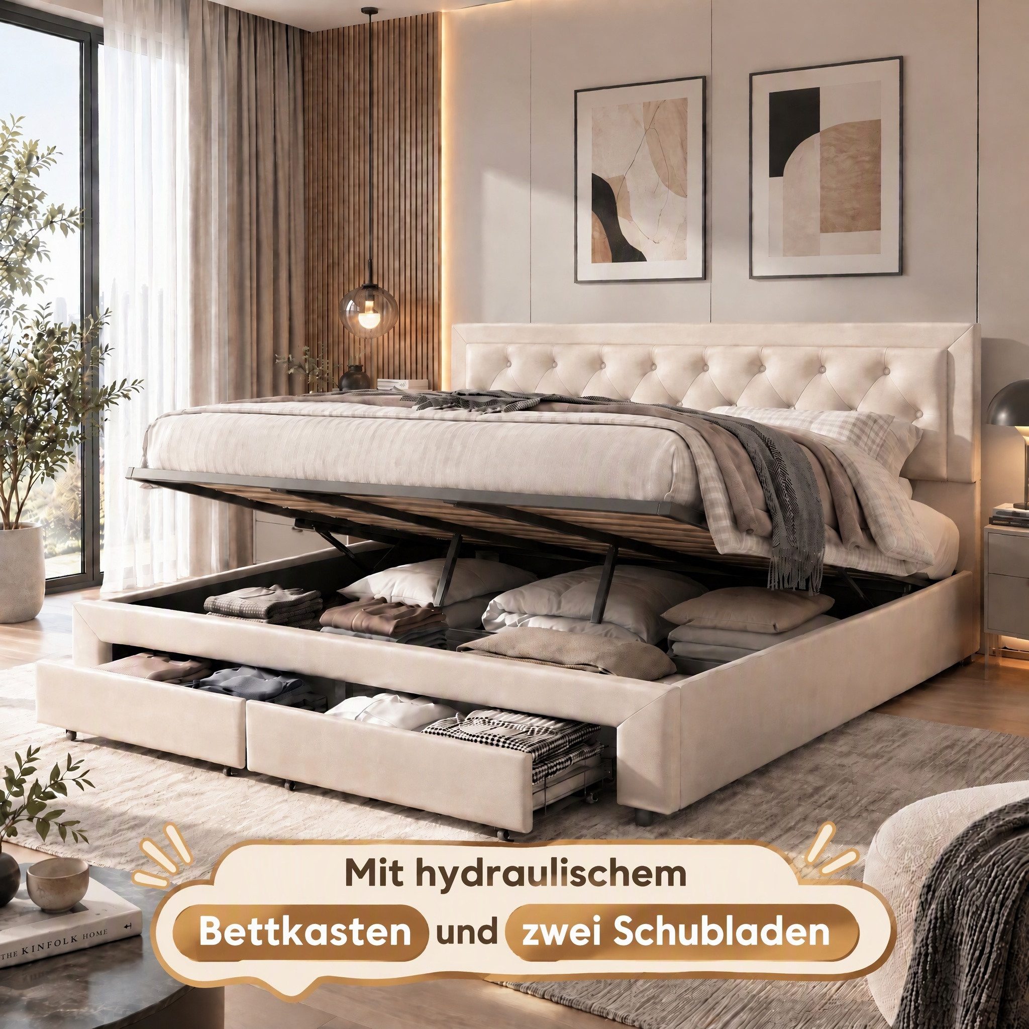 Furnishings Home Polsterbett 180 x 200 Doppelbett LED Hydraulisch anhebbarer Stauraumbett (Mit Lattenrost, Samtmaterial Polsterbett), Modernes Jugendbett, Leises Design Bett, Max. Belastbarkeit 350 kg