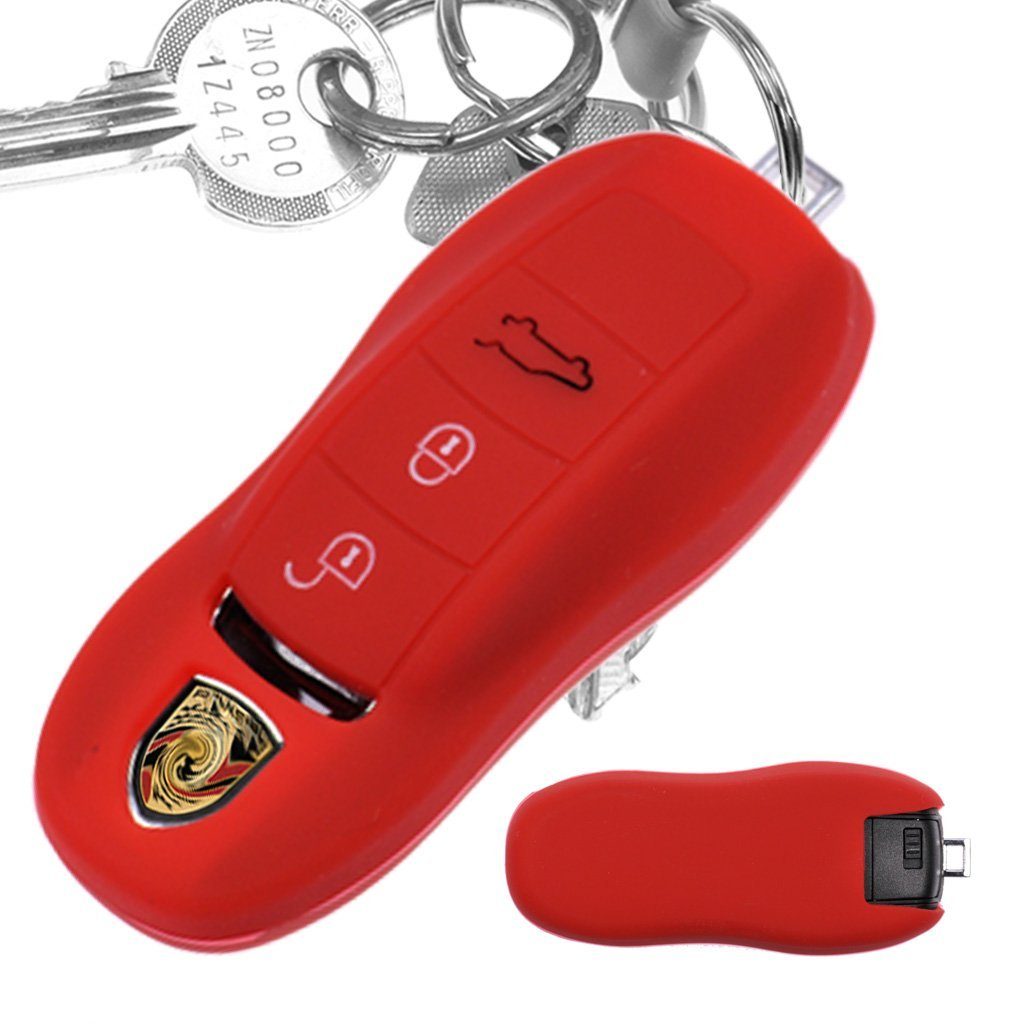 mt-key Schlüsseltasche Autoschlüssel Softcase Silikon Schutzhülle Rot, für Porsche 718 982 981 991 911 Macan Cayman Boxster 3 Tasten KEYLESS