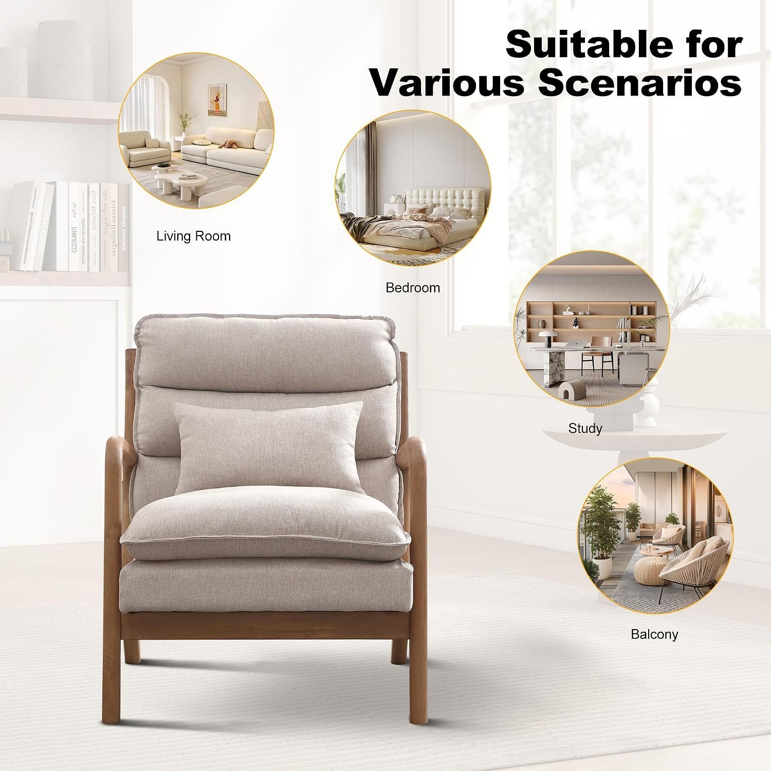CANMOV Relaxsessel Sessel mit Kissen, Loungesessel mit hoher Rückenlehne, Einzelsessel (2-St), Natürliches Holz, Liegestuhl mit Armlehne und Kissen, für Wohnzim – Bild 5 von 5
