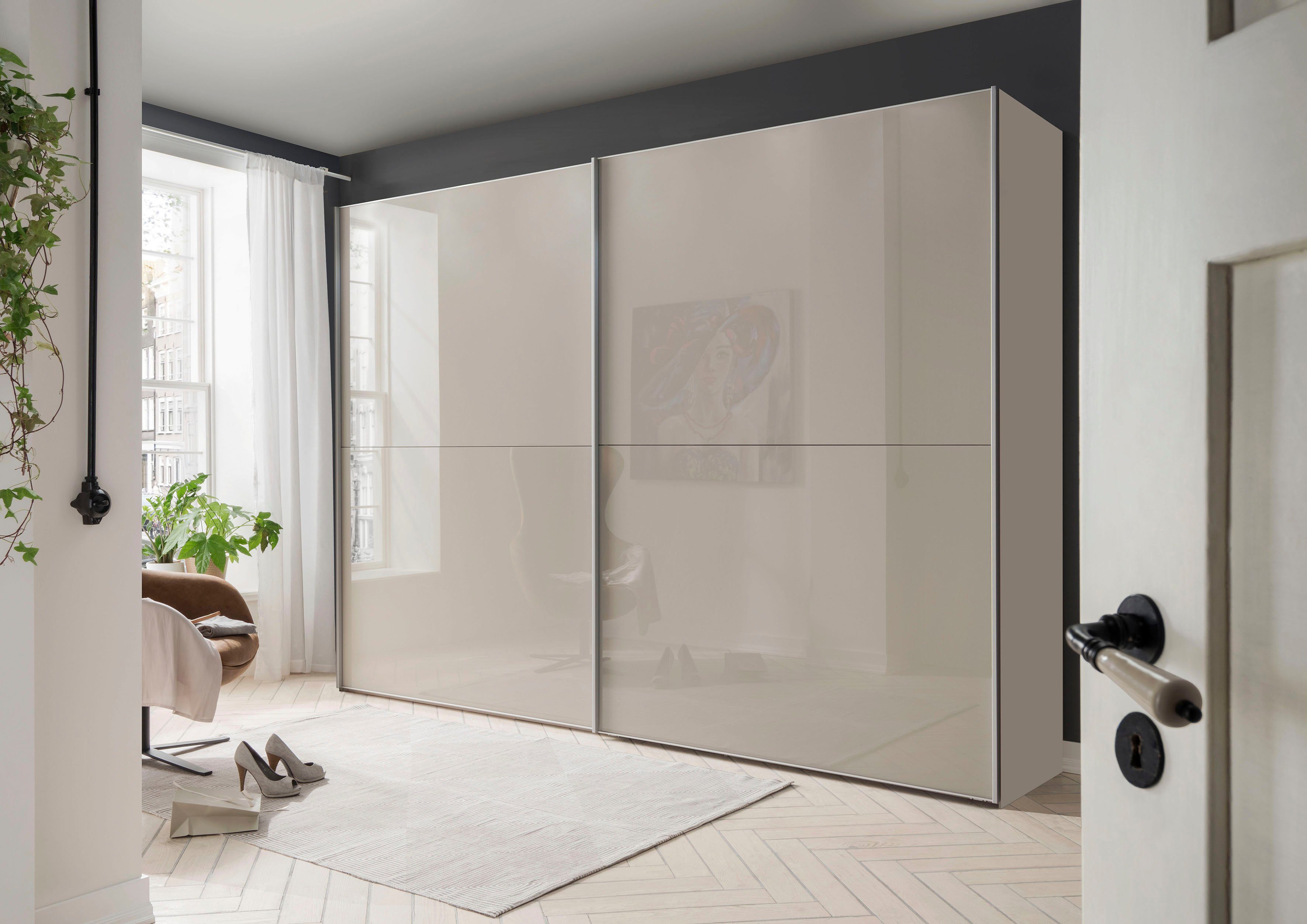 WIEMANN Schwebetürenschrank Orion, Kleiderschrank, Schrank, Wäscheschrank, mit Schiebetüren hochwertige Glasfront, variable Inneneinteilung, stilvolle Optik