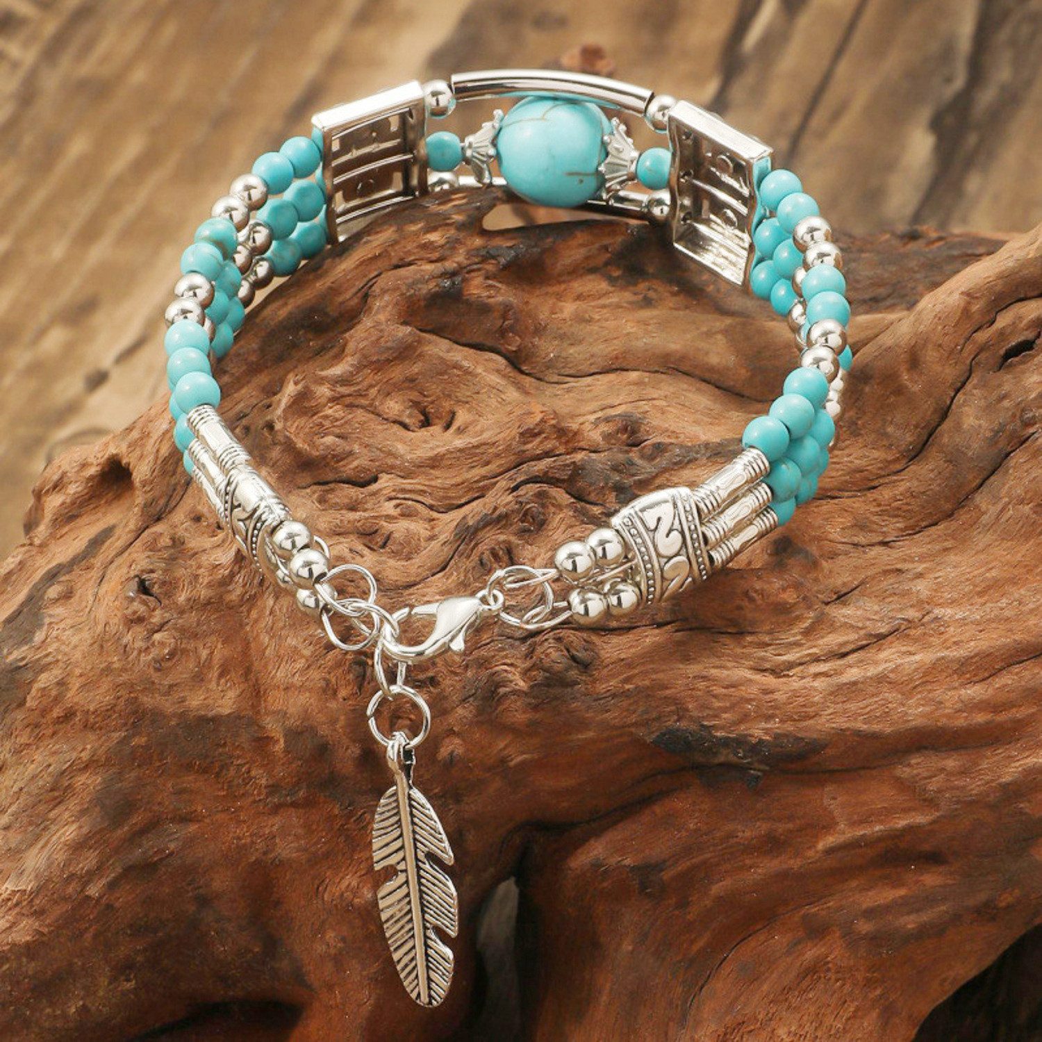 KARMA Armband Damen Vintage Boho Altsilber Türkis 6 cm (1-tlg., Schmuck für Frauen Metall Naturstein), Damenarmband Silber Karabinerverschluss – Bild 2 von 5