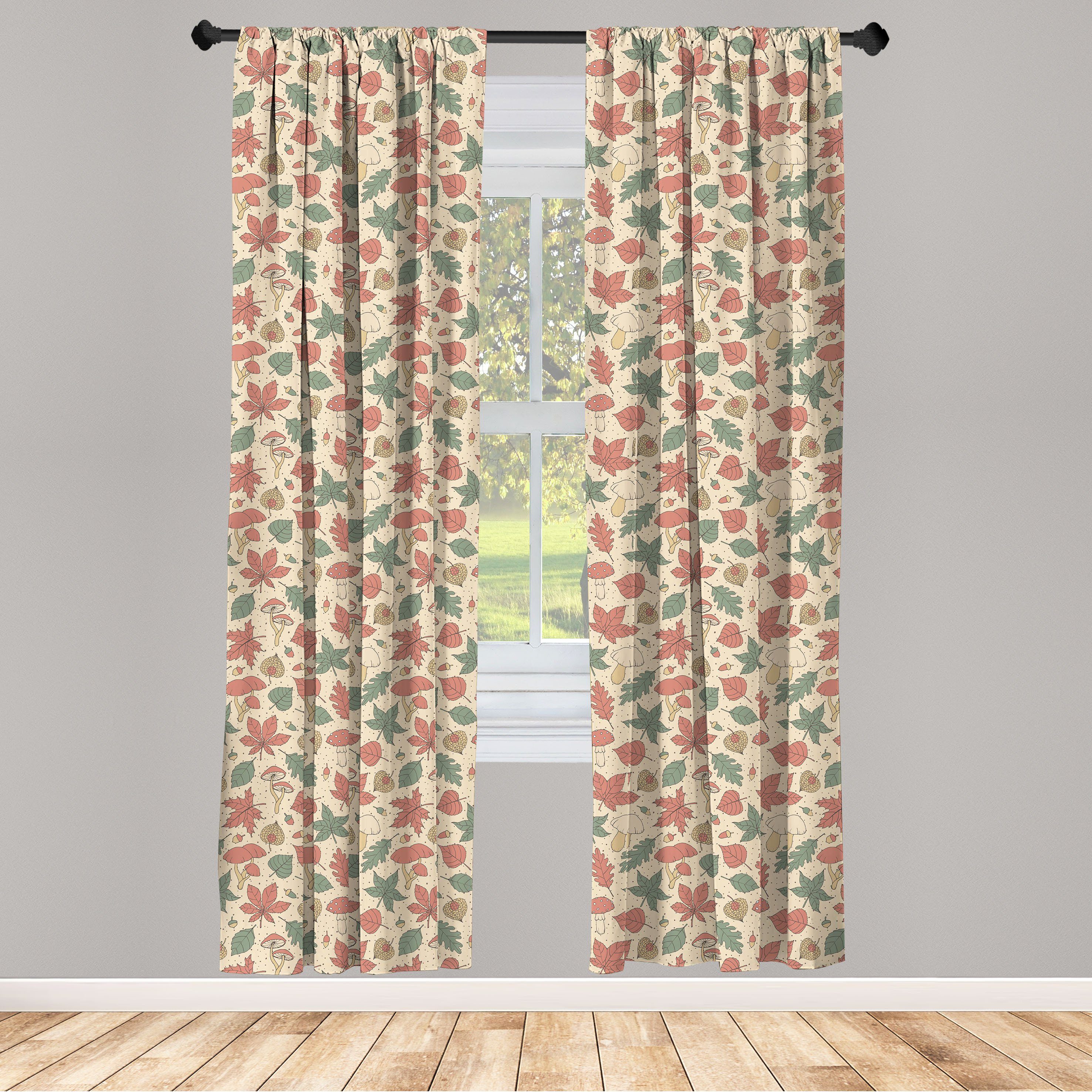 Gardine Vorhang für Wohnzimmer Schlafzimmer Dekor, Abakuhaus, Microfaser, Botanisch Szene der Blätter Pilze | Fertiggardinen