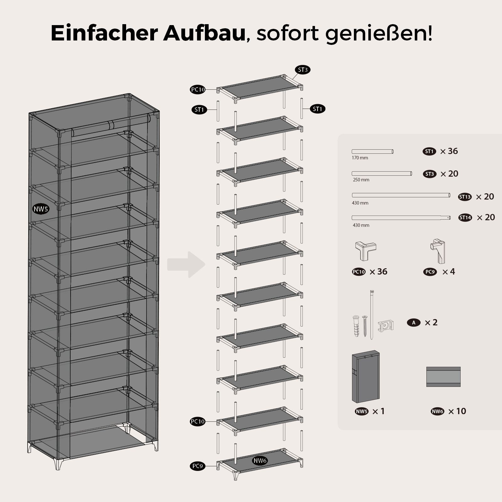 Sekey Stoffschrank Schuhschrank mit 9 Ebenen, Vliesstoff Schuhaufbewahrung Breite 58 cm, Schuhständer Platzsparend, 27 Paar Schuhe – Bild 4 von 5