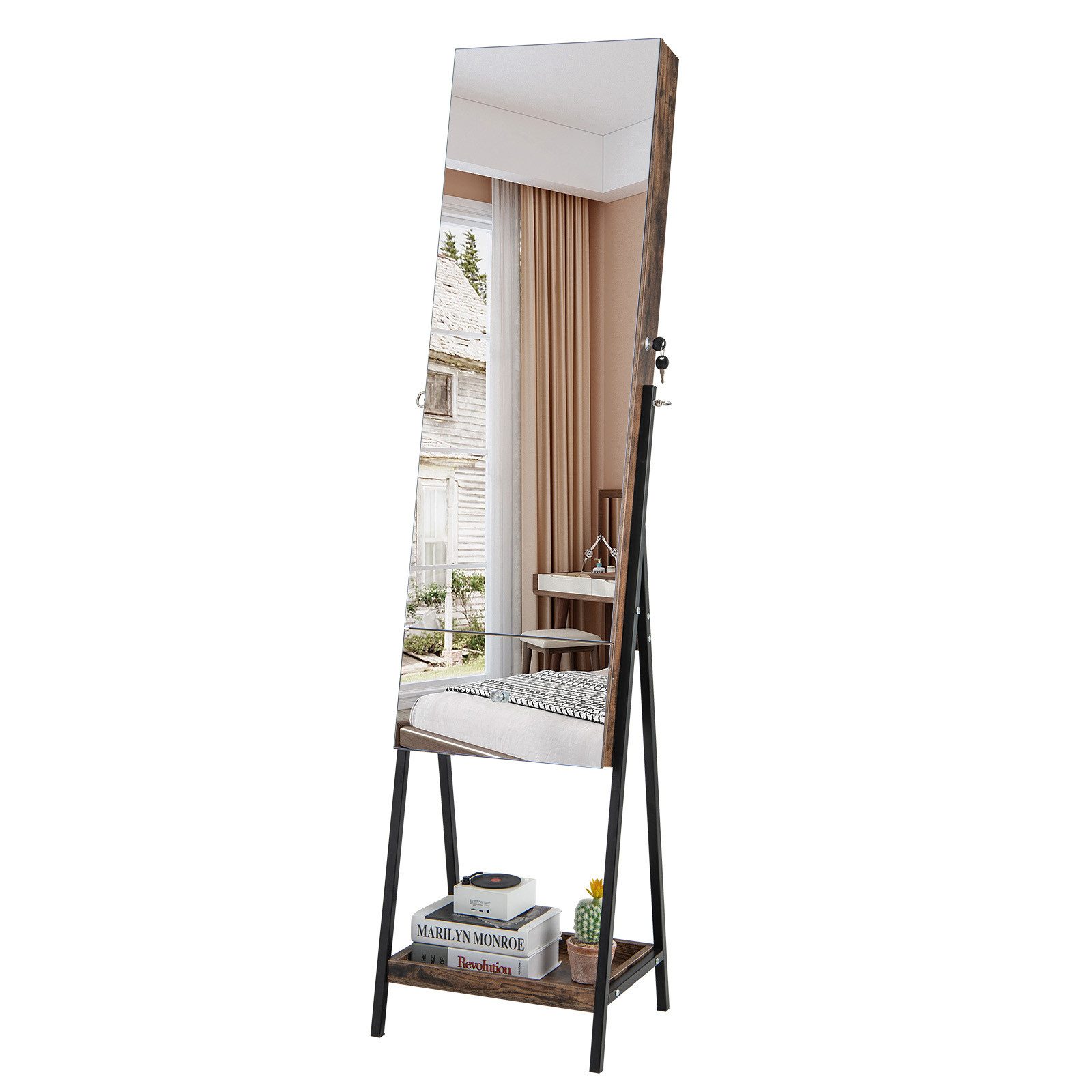 COSTWAY Schmuckschrank mit Spiegel, LED & abschließbarer Tür, stehend,braun