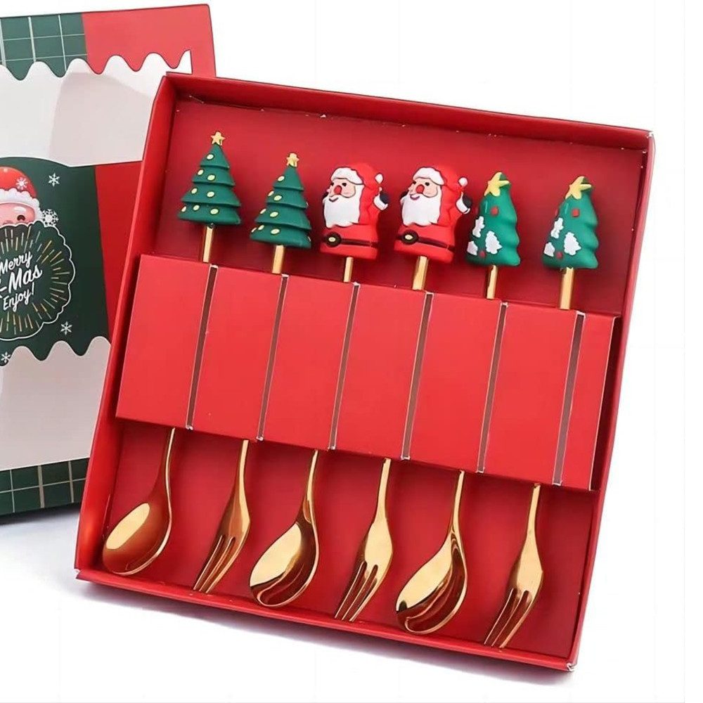Coonoor Geschirr-Set 6 Stück Weihnachtslöffel Weihnachten Edelstahl Dessert Teelöffel, mit Weihnachtsanhänger Weihnachtsbaum Elchhut Glocken