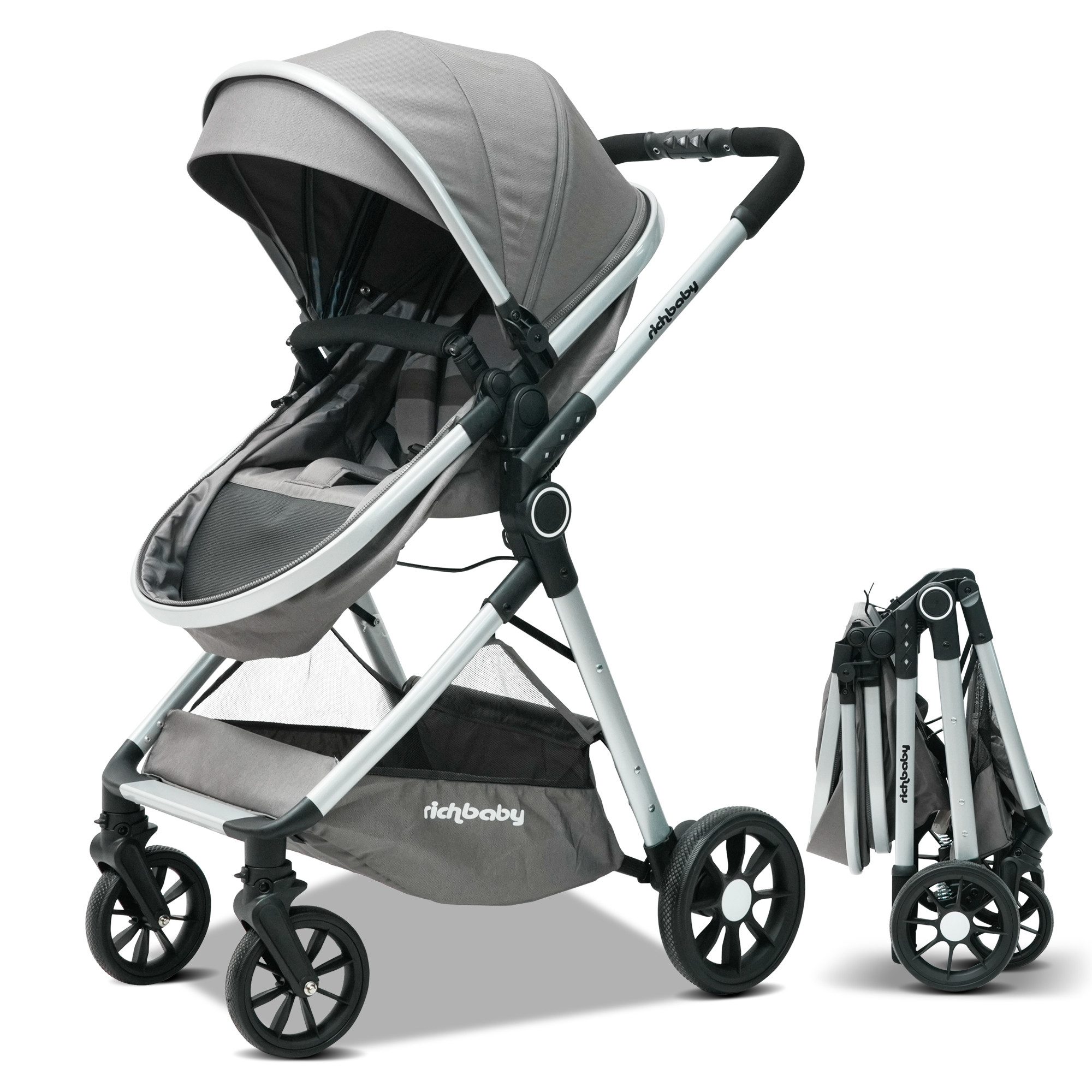 Odikalo Kombi-Kinderwagen EXQUISE V8A Kombi-Kinderwagen (umwandelbar zur Babywanne), (kompakt zusammenklappbar, mit hoher Sitzposition, verstellbarem Verdeck & Sicherheitsfunktionen – für Babys von 0 bis 36 Monaten)