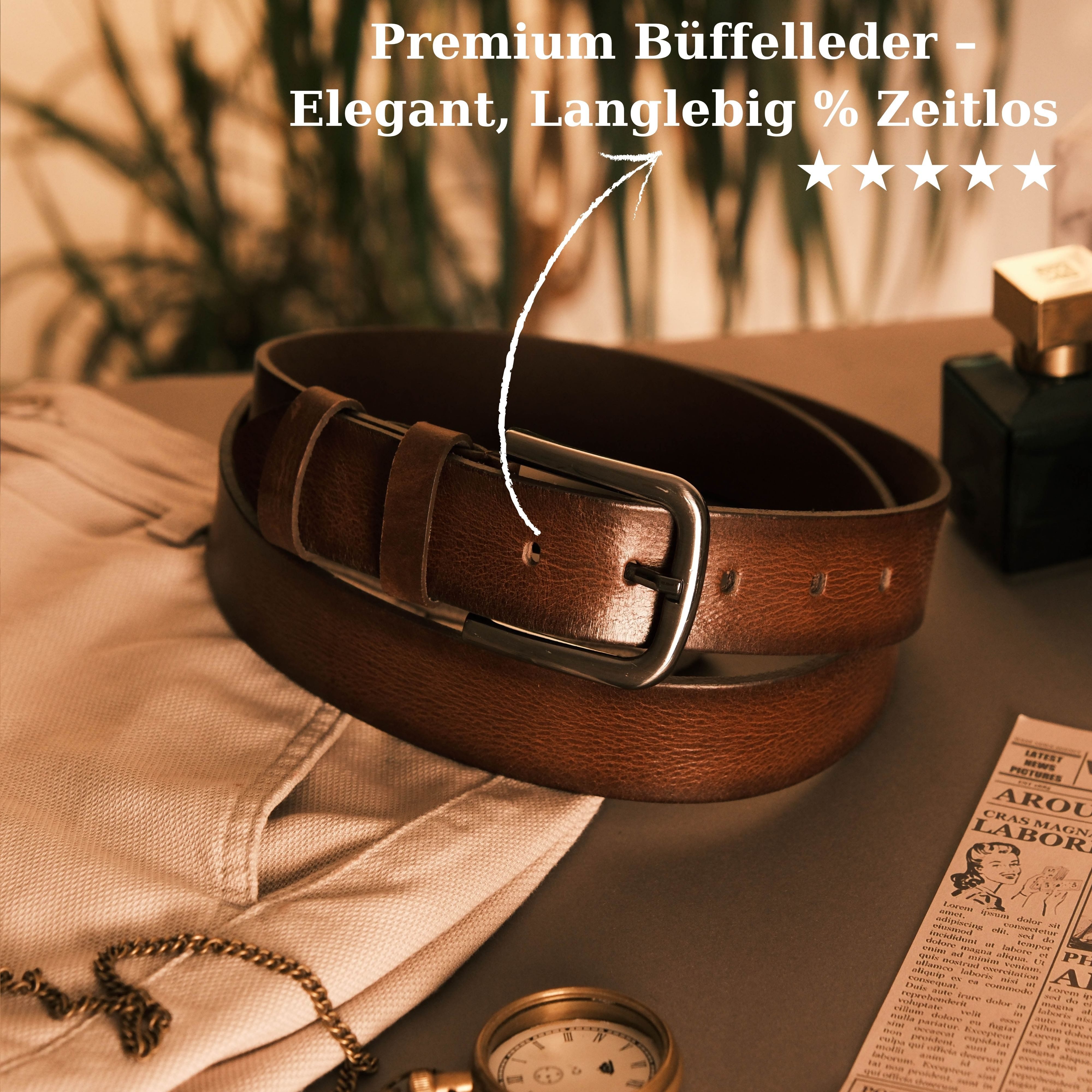 herémood Ledergürtel Gürtel Herren 4cm breit Ledergürtel Jeans Premium Geschenke für Männer (100 % Echtleder Gürtel handgefertigt, hochwertig verarbeitet, kürzbar, 1-St., Braun 135 cm – 4 cm breit – echtes, robustes Büffelleder, langlebig) Brauner Gürtel Herren – robust & edel, ideales Herrengeschenk