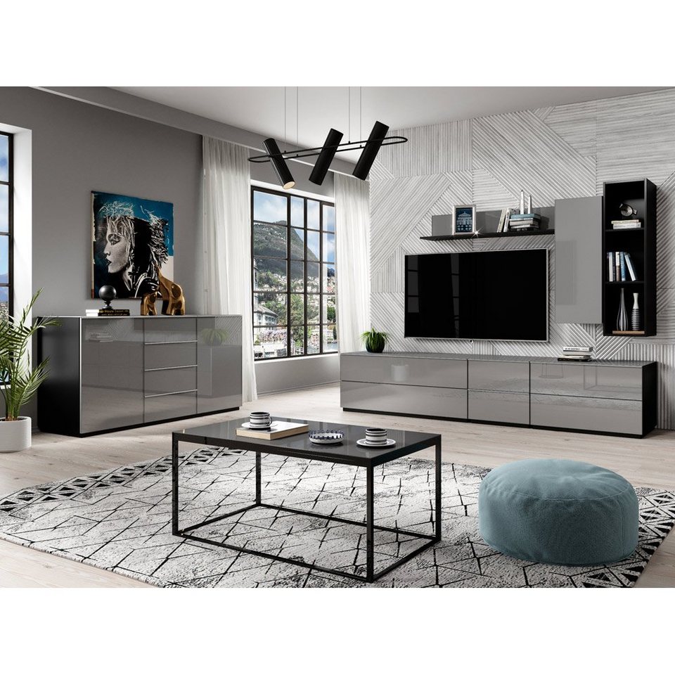 lomadox wohnzimmer-set hoover-83, (mega-spar-set, 8-tlg), wohnzimmer möbel  set modern in grau mit glasfronten, : 250/195/48 cm