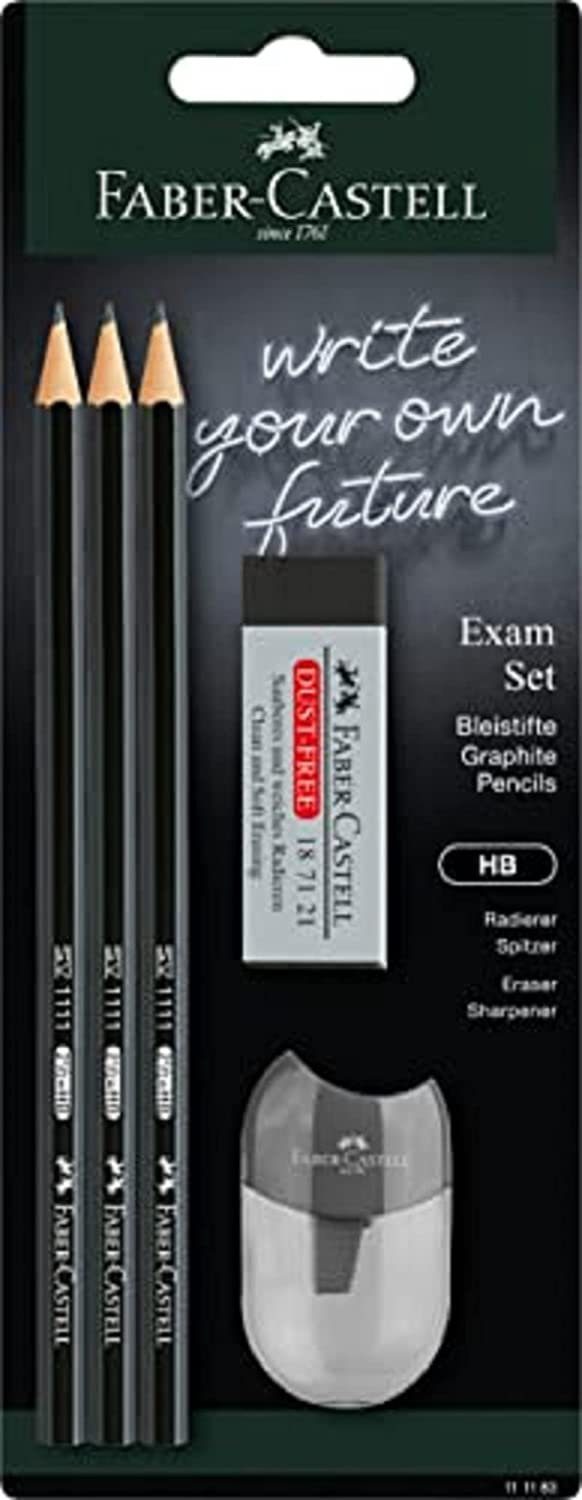Faber-Castell Bleistift Faber-Castell - Bleistiftset Exam, mit drei Bleistiften HB, mit Spitzer und Radierer, Schwarz