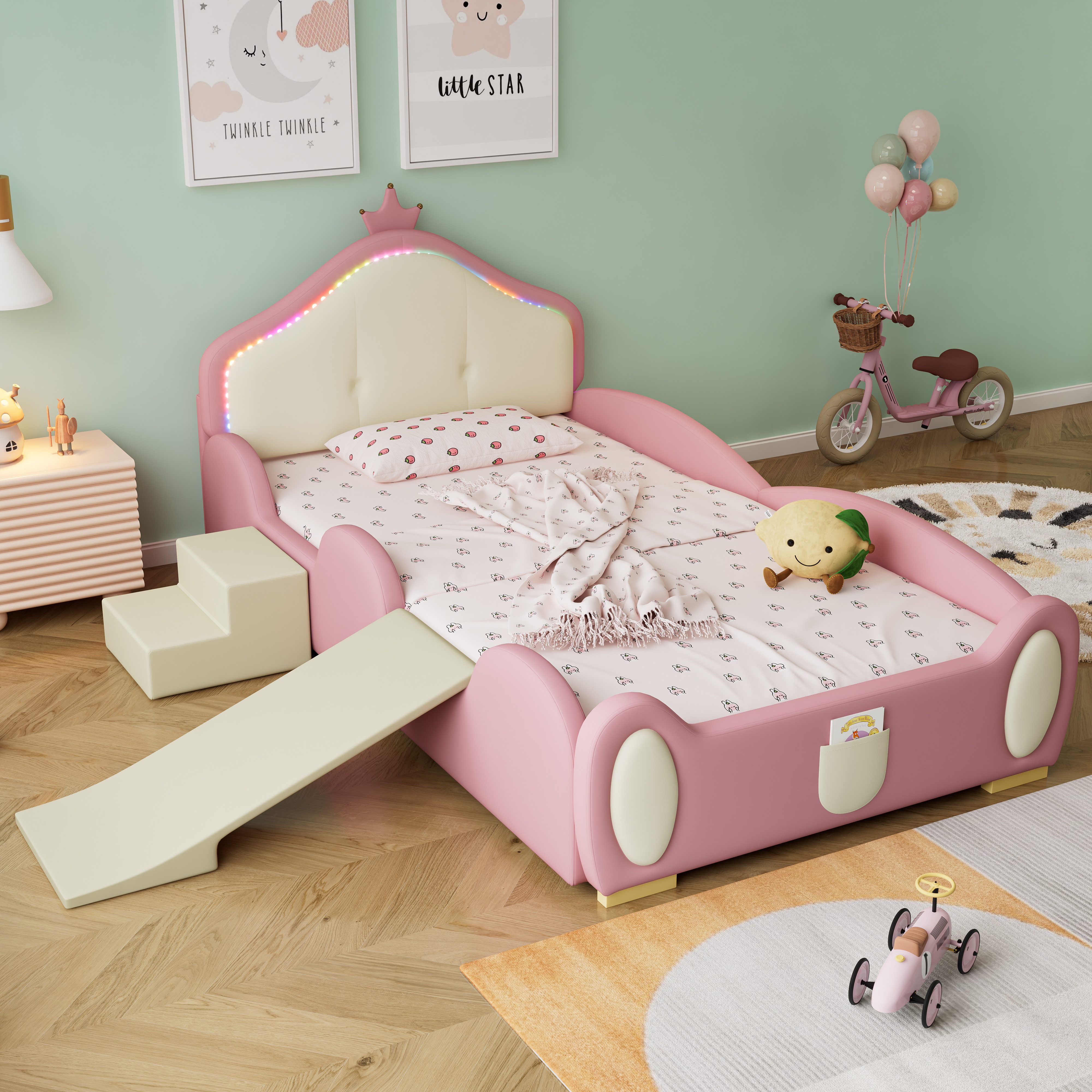 OKWISH Children's Interactive Upholstered Bed 90x200 cm with Slide & LED (Interactive single bed made of faux leather, with wooden slats, made of faux leather, with soft protective edges & interchangeable stairs), with wooden slats, without mattress – for playful adventures in the dark