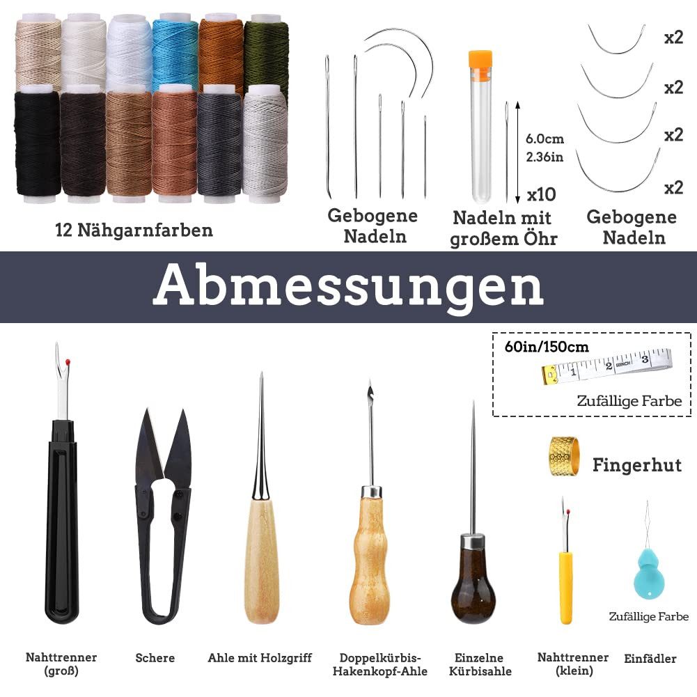 FOUORTUNATE-BEE Nähkästchen Leder Nähset 48tlg – Handnähwerkzeug für Reparaturen, Nähset mit Nadeln, Ahle & Garn für Leder & Polster