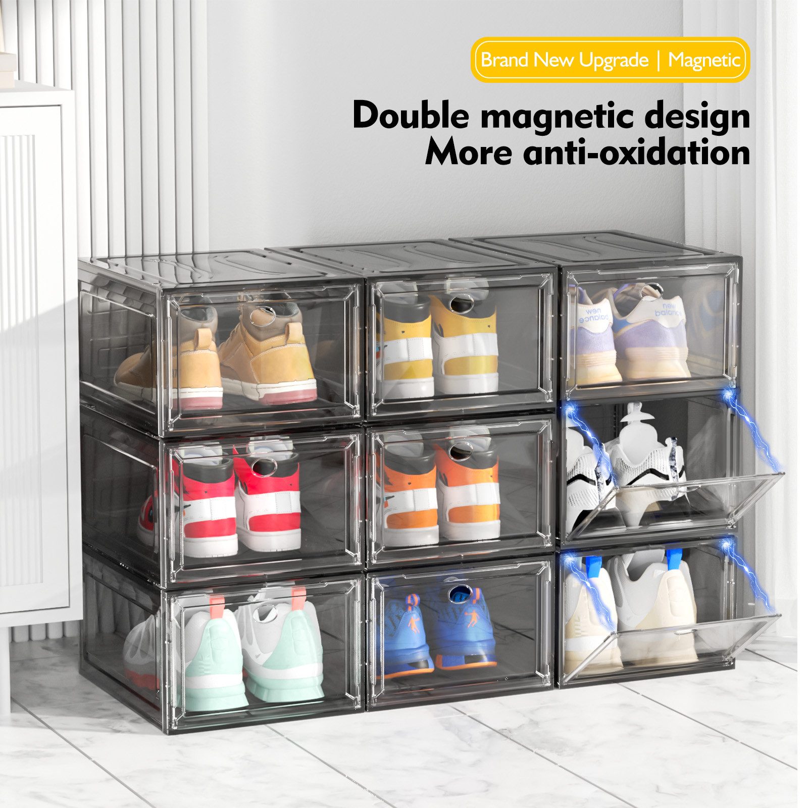 POPOLIC Schuhkiste 6/9/10 Stück Schuhboxen stapelbar Schuhboxen aus klarem Kunststoff (Hartplastik Schuhbox mit Deckel, 9 St., Schuhorganisatoren mit Magnettür für Größe 46 - Hartplastik), faltbar und stapelbar, für Stöckelschuhe,Pumps, Schuhaufbewahrung