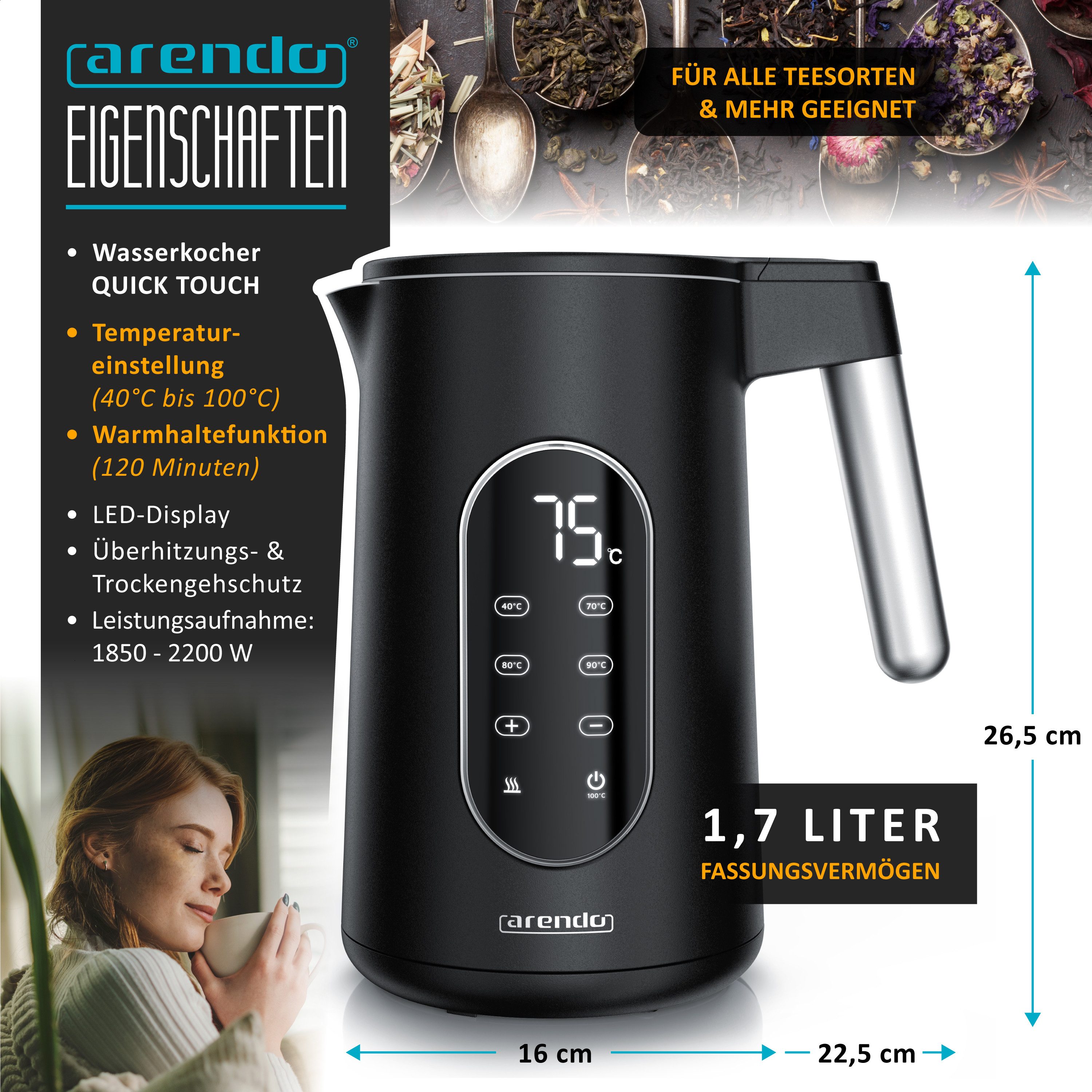 Arendo Wasserkocher aus Edelstahl, Temperatureinstellung 40°–100°C mit Anzeige, Doppelwand, 1,7 l, 2200 W, Teekocher mit Temperaturanzeige, Überhitzungsschutz,  – Bild 2 von 5