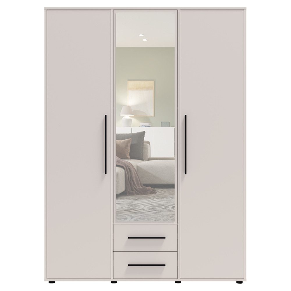 Lomadox Kleiderschrank MOLLERUSA-132 in kaschmir mit schwarzen Griffen, 150 cm breit, mit Spiegeltür