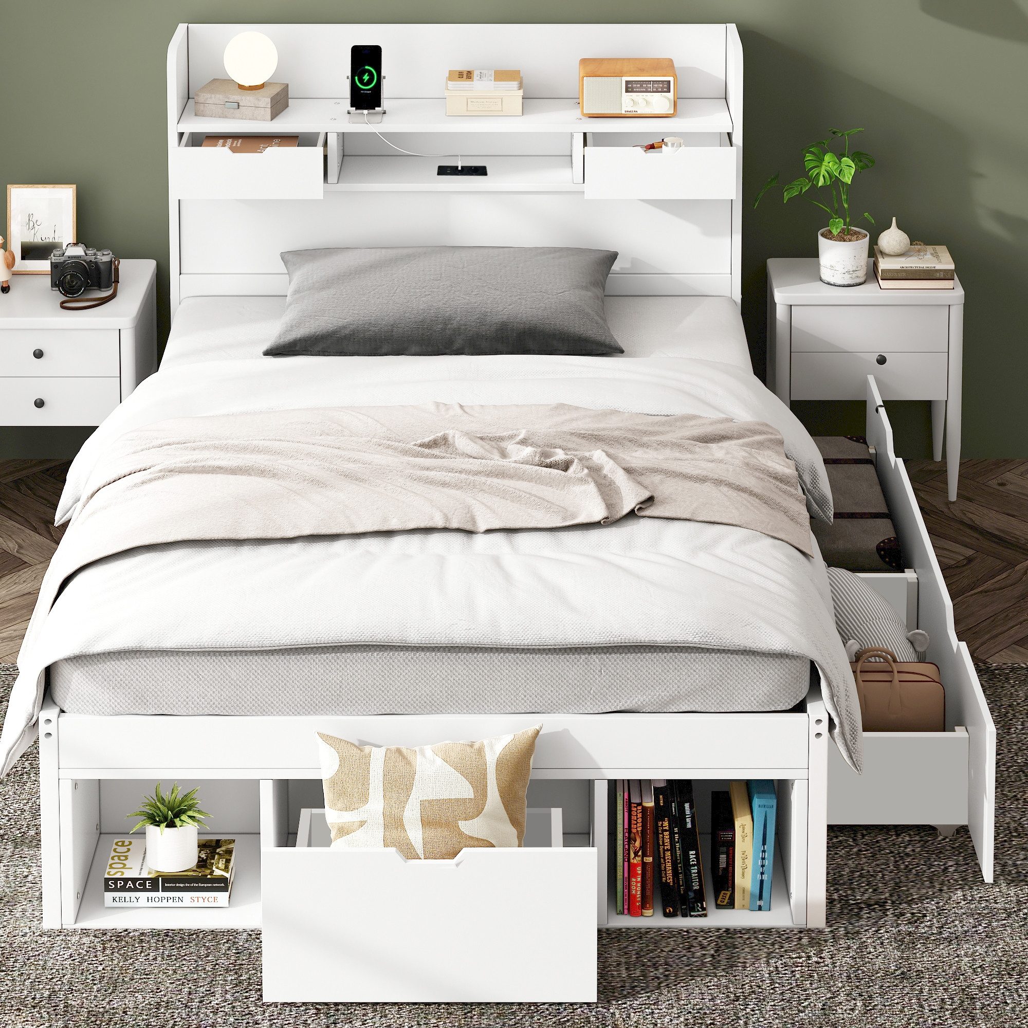 Flieks Holzbett, Einzelbett 90x200cm mit USB-Laden & Schubladen & Stauraumfächer