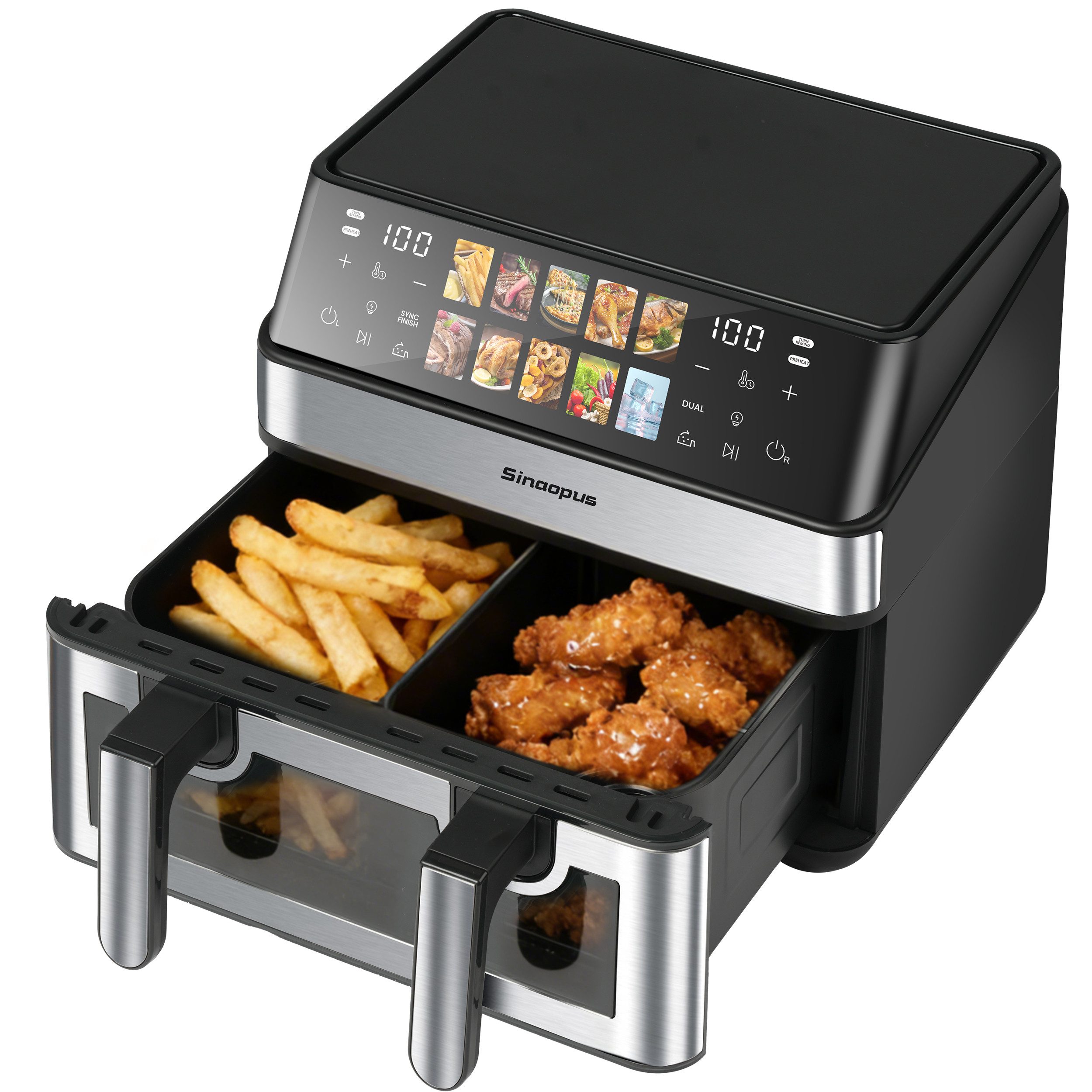 WHEELYOU Heißluftfritteuse 9L, 2000W Airfryer mit Doppel-/Einzelkammer, Sichtfenster & 12 Programmen, 2000 W, 9L Airfryer mit Touchscreen, 360° Heißluft und 12 Programmen