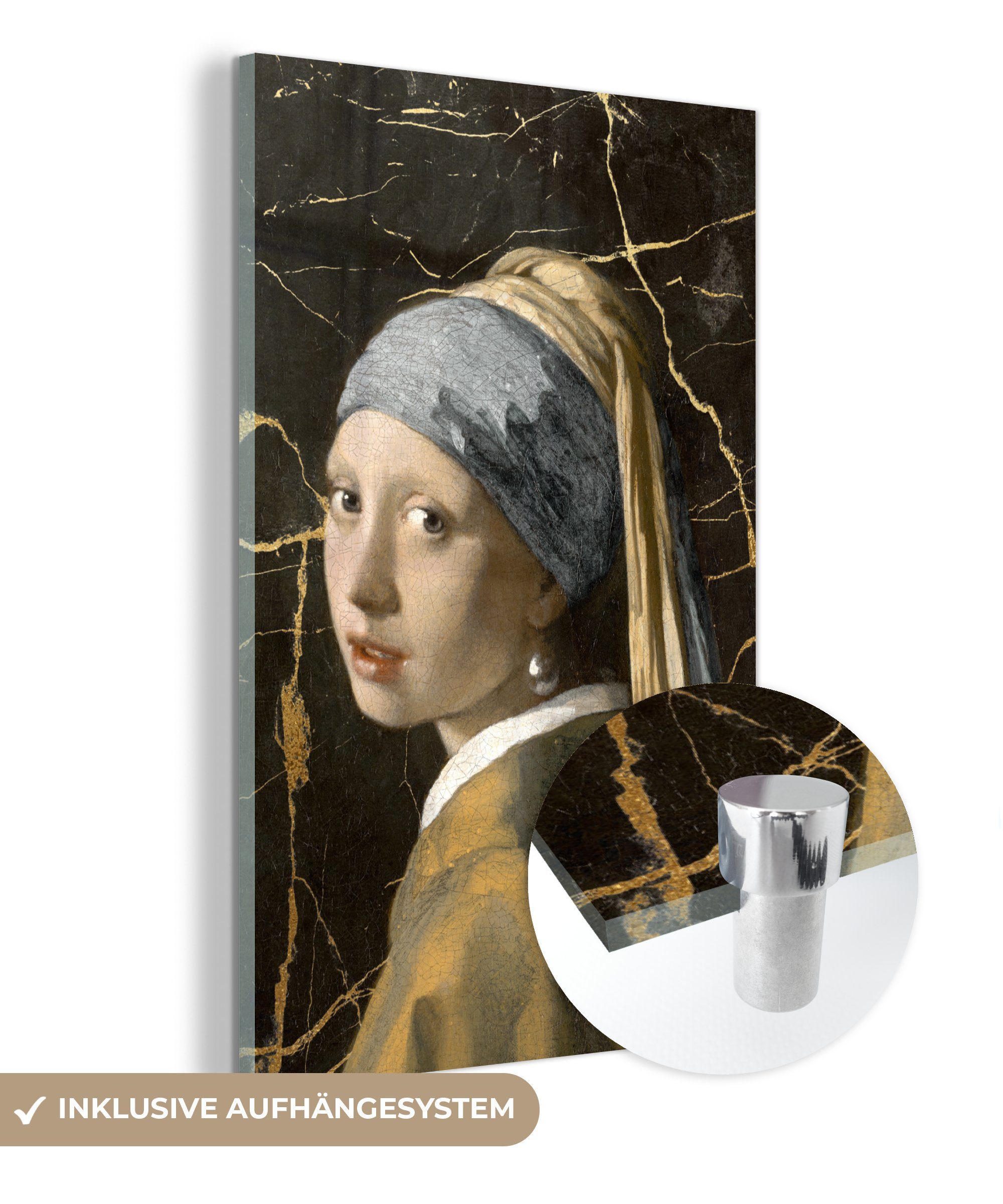 Glasbilder MuchoWow Perlenohrring auf Glas Johannes - - Wandbild auf St), einem - Gold, Mädchen Glas (1 Bilder Vermeer - mit - Acrylglasbild Foto Wanddekoration