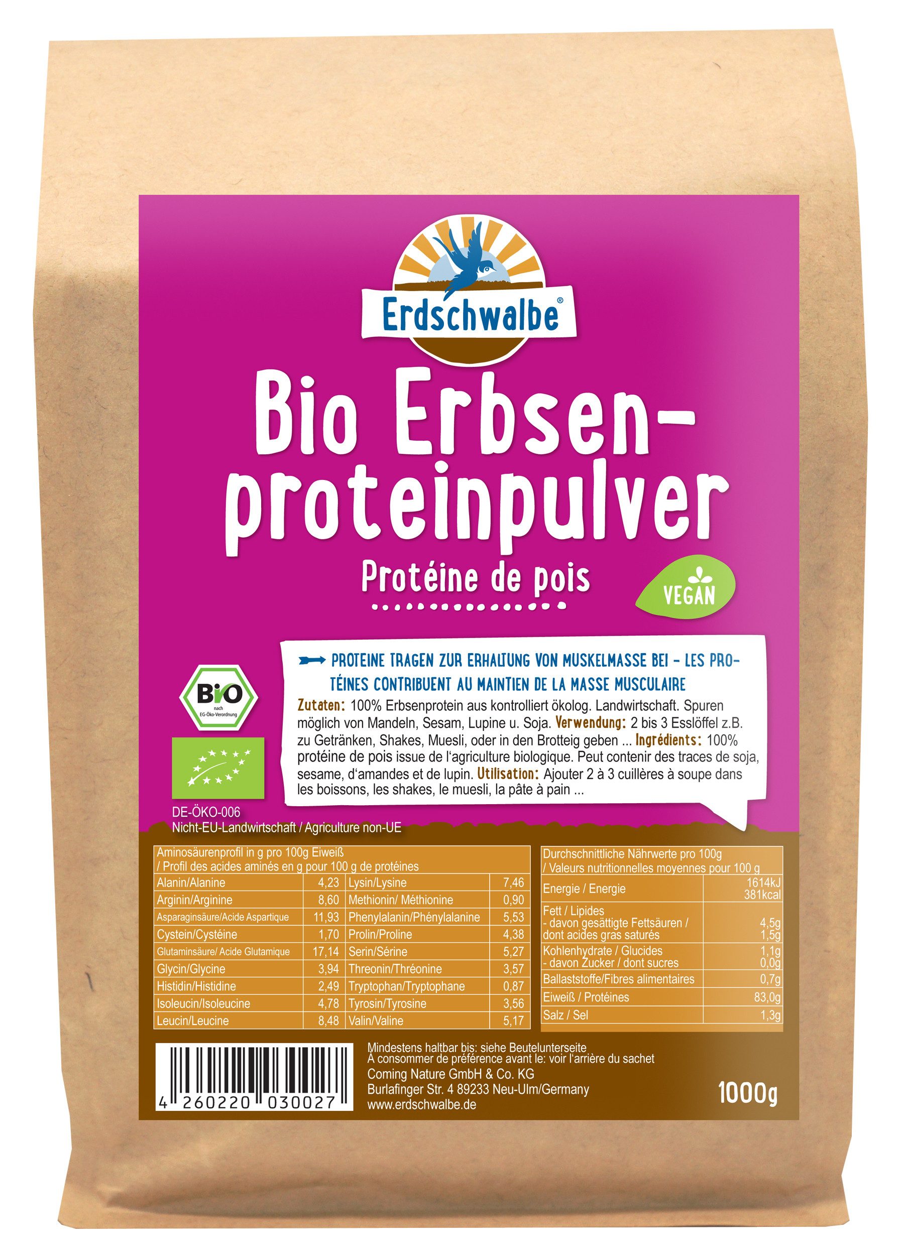 Erdschwalbe - Bio Erbsenprotein - veganes Eiweißpulver - 1 Kg von Erdschwalbe Pulver