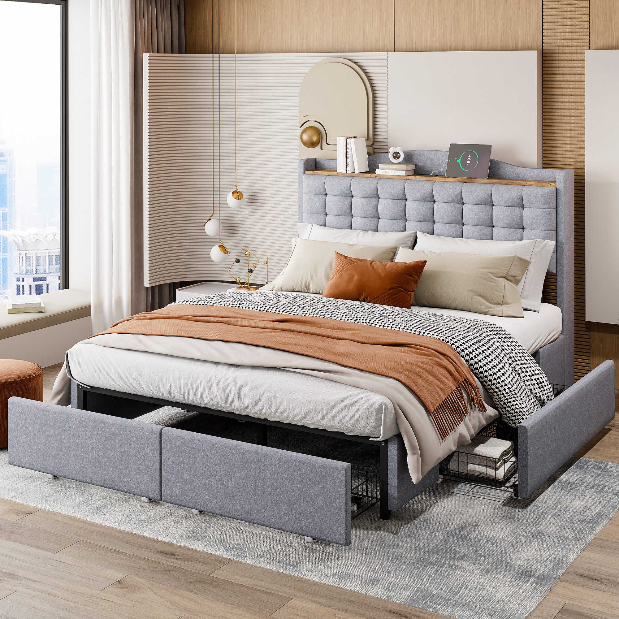 OKWISH Polsterbett Stauraumbett Doppelbett, Nachttisch mit USB-Ladeanschlus günstig online kaufen