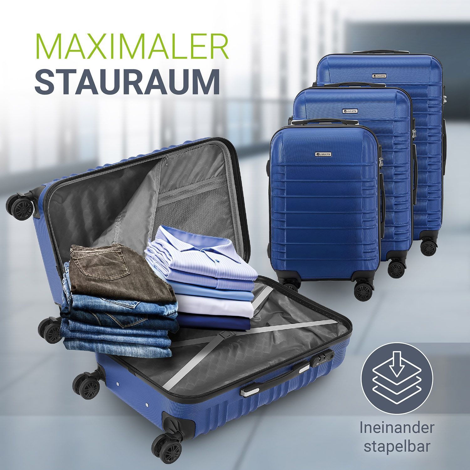 Juskys Trolleyset Rom, 4 Rollen, (3 tlg., 3-teilig), Aluminium, Rollen, Innenfutter, Ergonomische Griffe, 3er Set