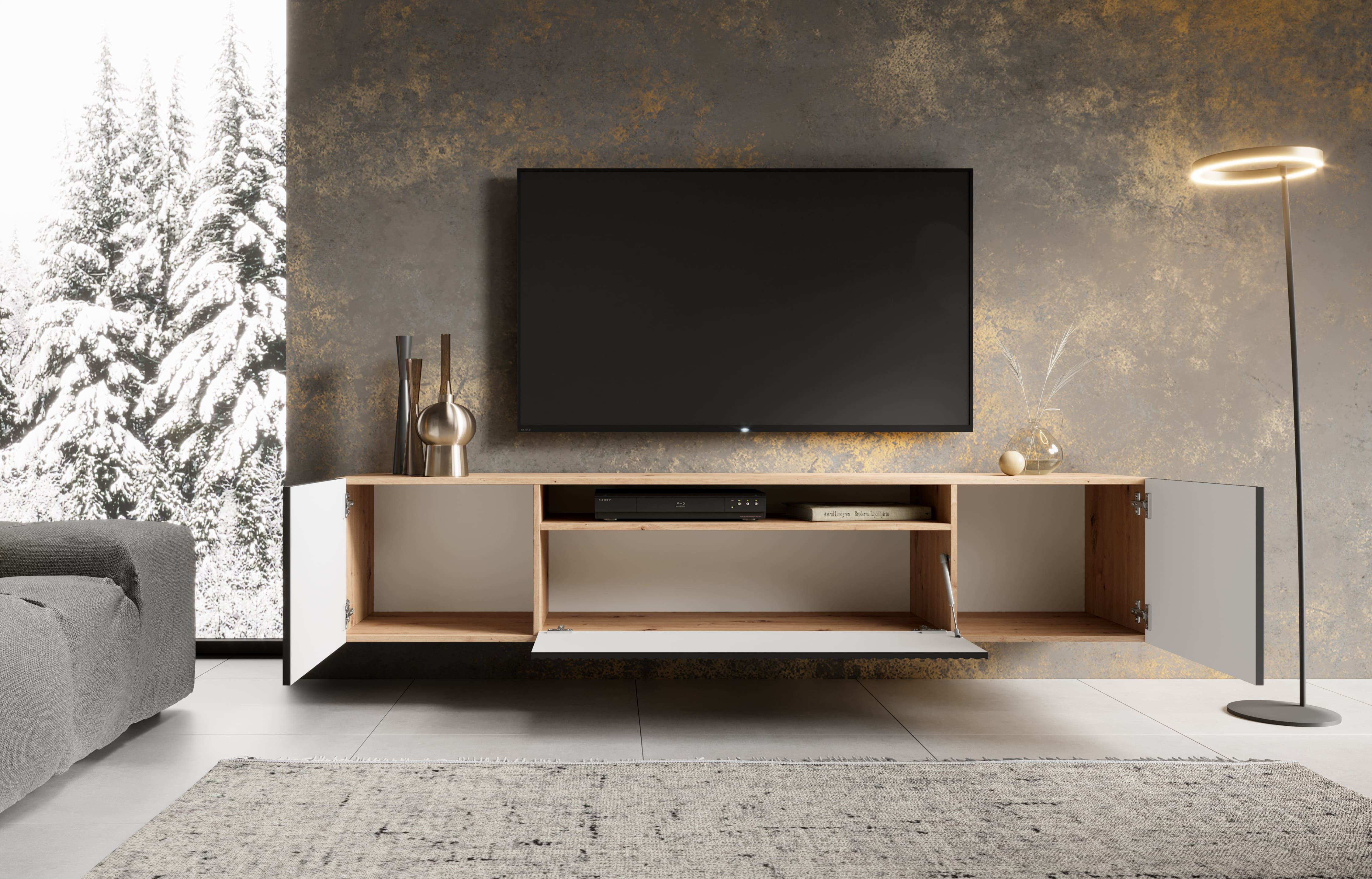 MOEBLO TV-Board VIRENO (TV-Schrank – modern, stehend oder hängend, mit geräumigen Fächern & stilvollen Fronten, 200 cm, verschiedene Farben), (BxHxT): 200 x 53 x 41 cm