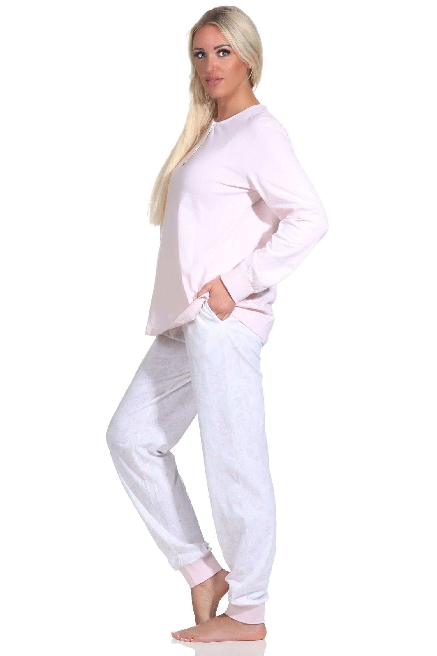 Normann Pyjama Damen Schlafanzug mit + rosa Hose langarm Paysley Knopfleiste gemusterter