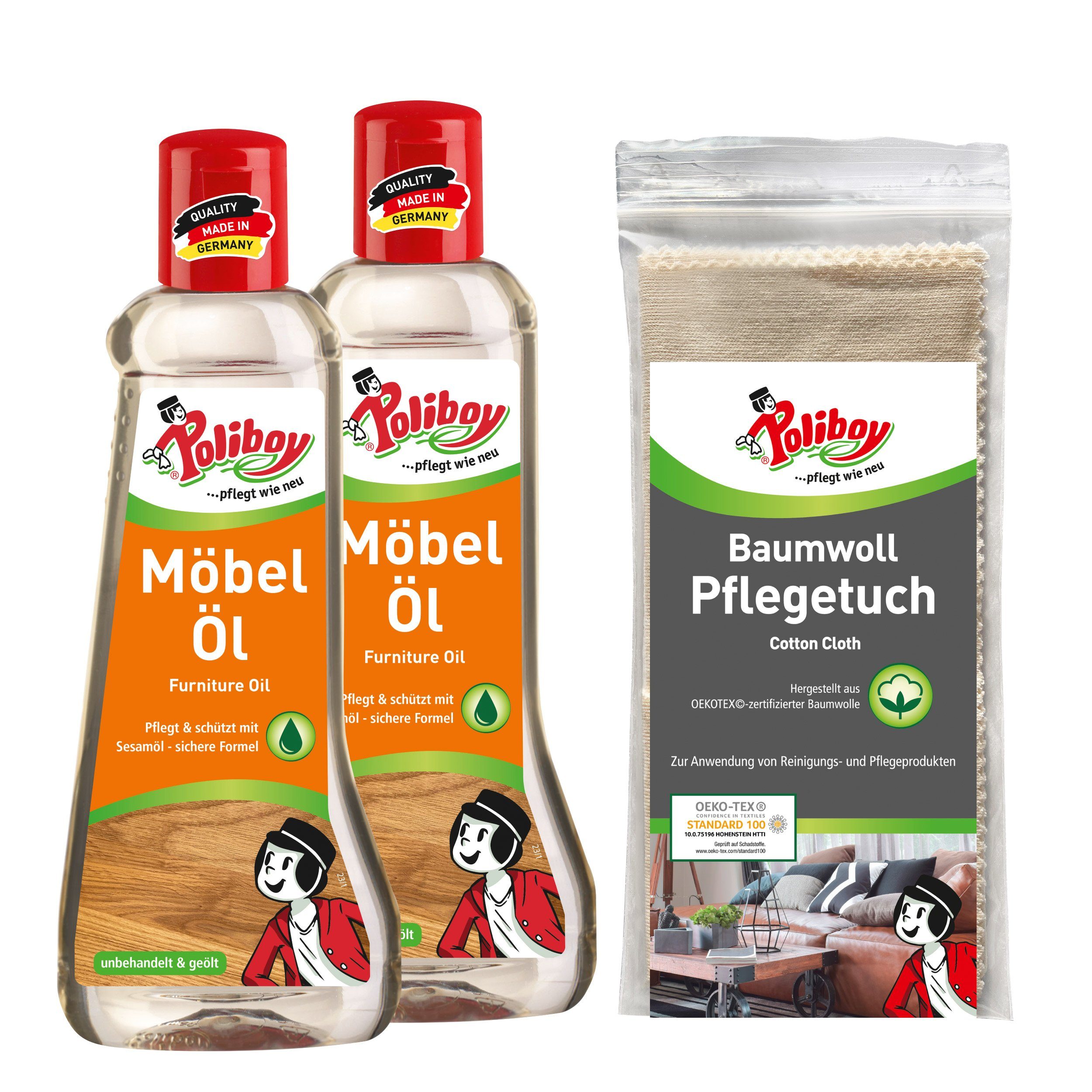 poliboy 2x200 ml Möbel Öl + Baumwoll Pflegetuch Möbelreiniger (Reinigungsset zur Pflege von Möbeln aus Holz - Made in Germany)