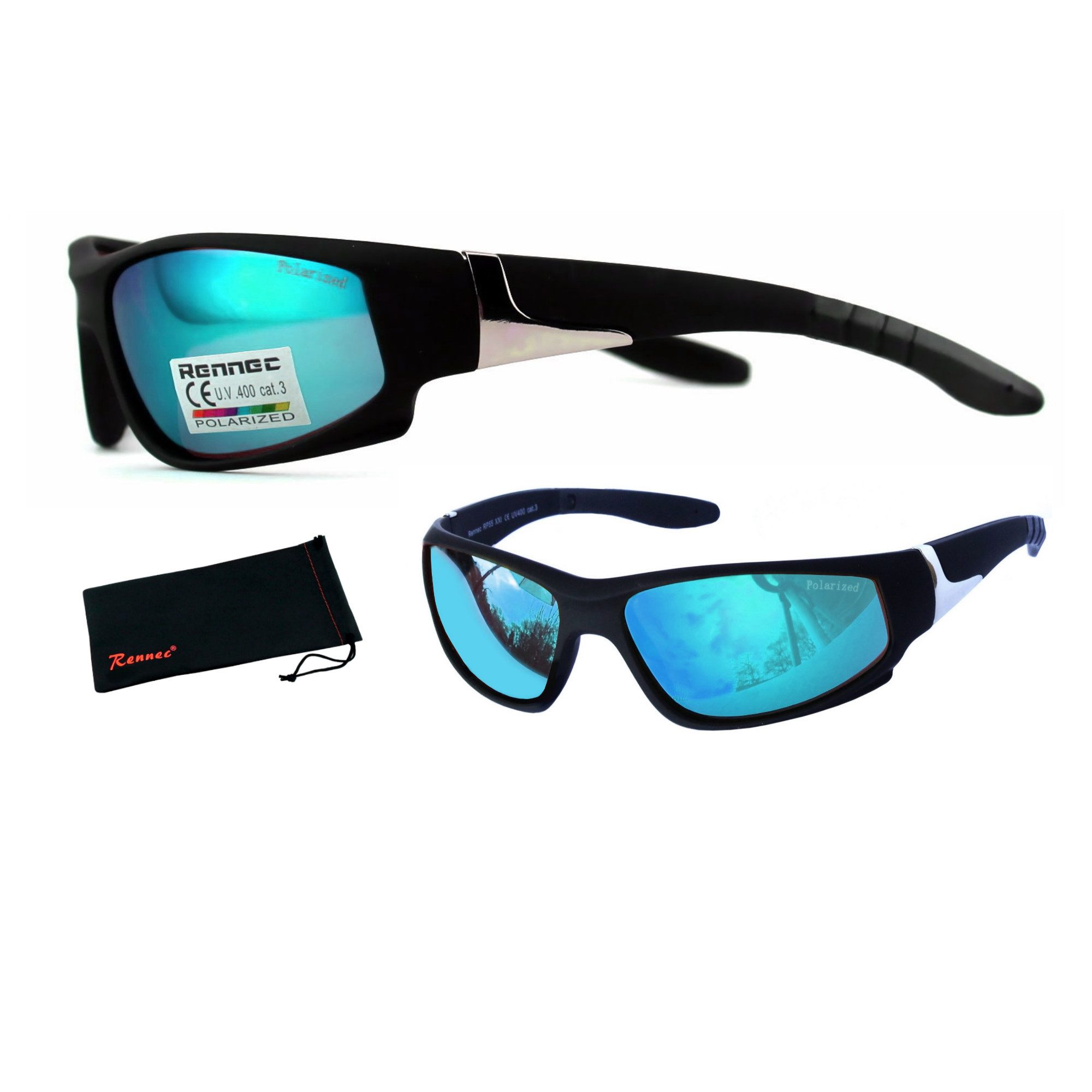 Rennec Sonnenbrille (Outdoor Sonnenbrille Sportbrille Angelbrille Bikerbrille Schmal mit Brillenbeutel) Brillenrahmen Schwarz Matt Polarisierte Gläser Türkis Blau Verspiegelt