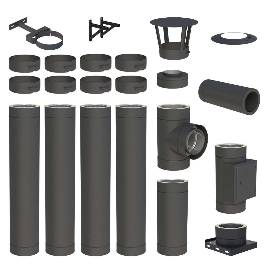 Jeremias Schornstein 5, 2 m EdelstahlSchornstein Ø130mm Komplettset DW DW-Black Wandmontage, Ø 130 mm