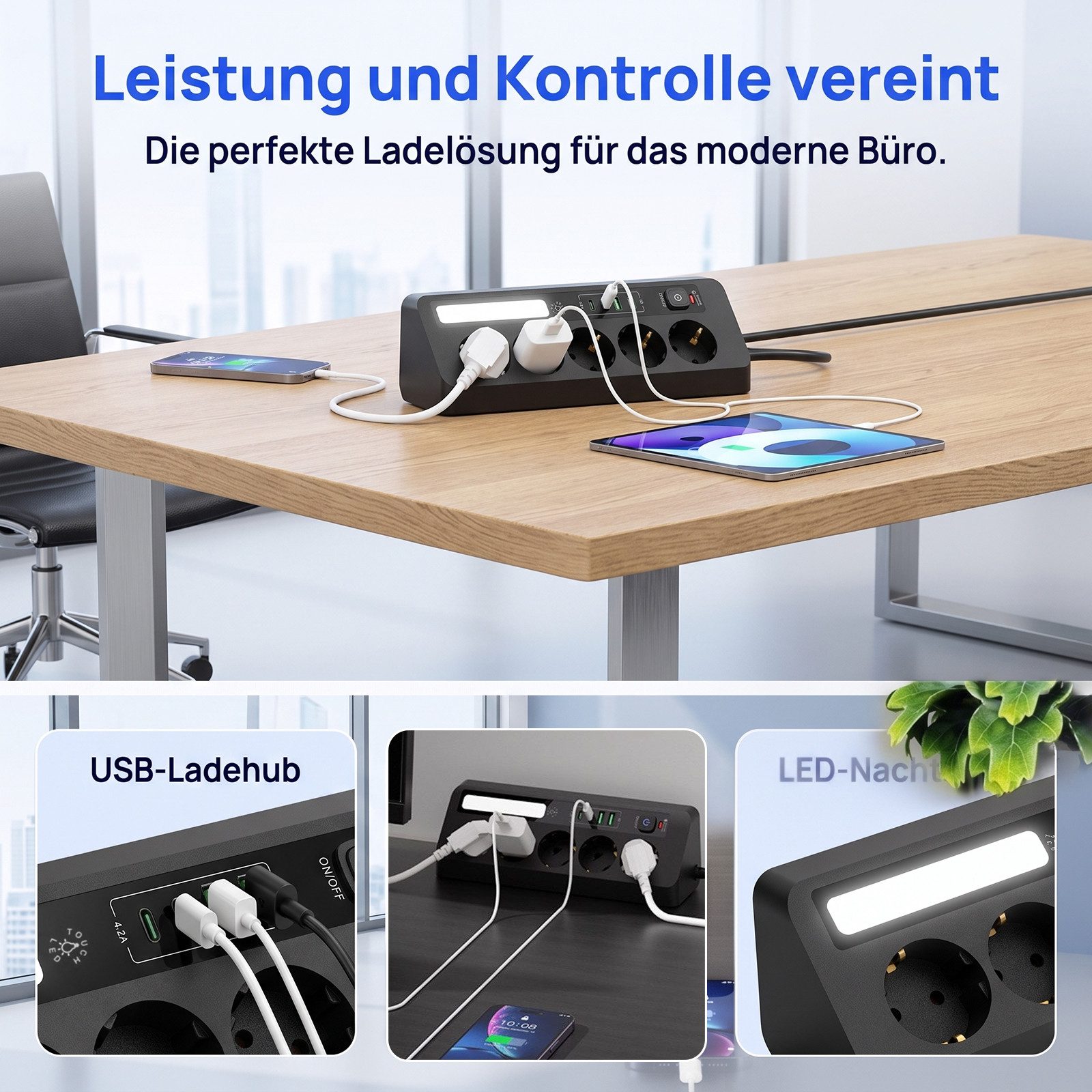 AKKEE Tischsteckdosenleiste mit 5 Steckdosen, LED-Lichtleiste Mehrfachsteckdose (LED), 2 USB-A-Anschlüssen und 2 USB-C-Anschlüssen Dreieckiges Design 90° – Bild 4 von 5