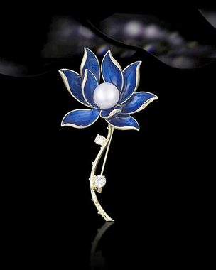 MayTree Brosche "Lotus und Perle", blau (Stück), Metallbrosche mit Glassteinen, Strass und einer Zierperle