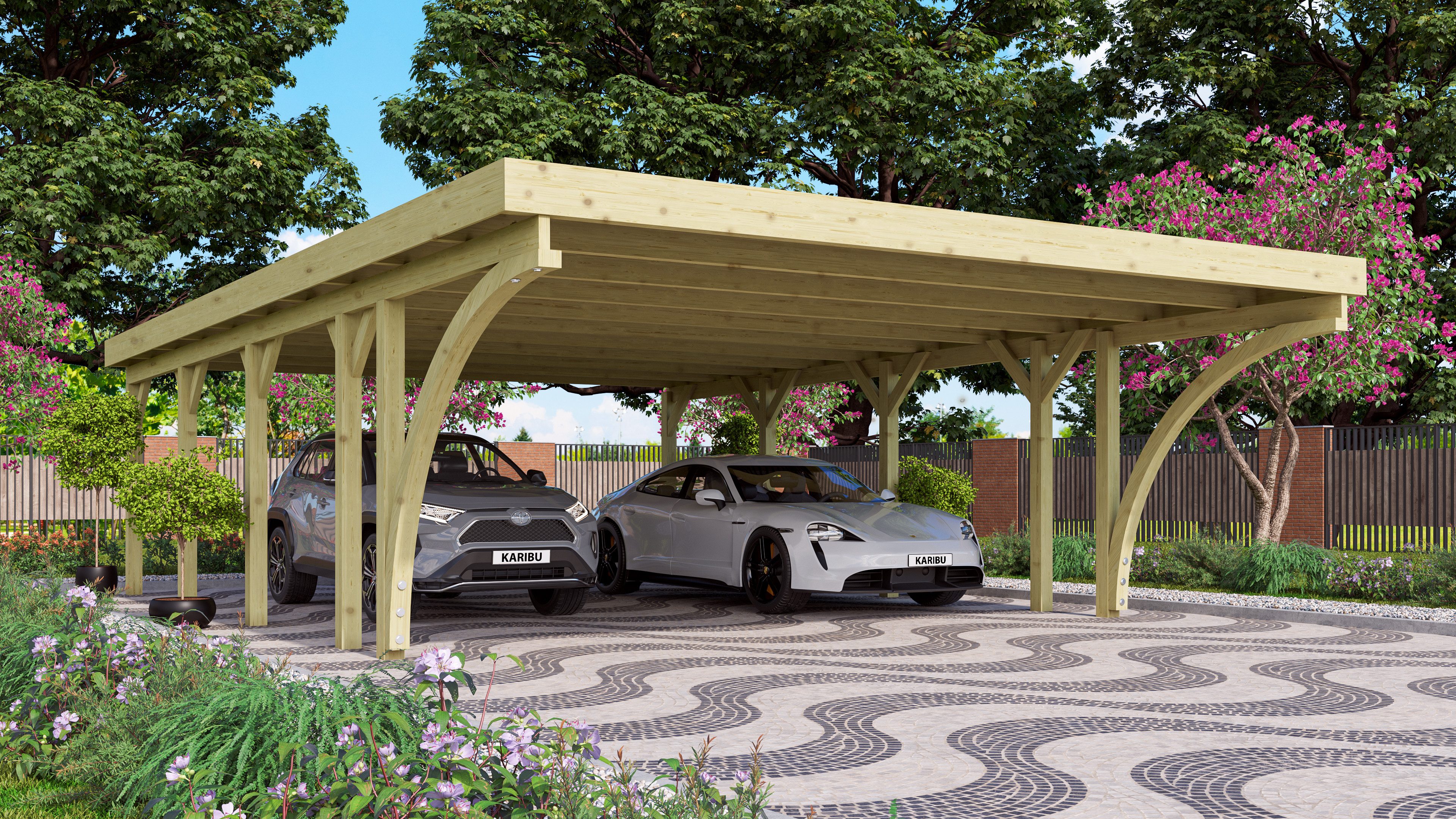 Karibu Doppelcarport »Classic 3 SET« Stahl-Dach Variante C, mit zwei Einfahrtsbogen, BxT: 563x657,5 cm, 206 cm Einfahrtshöhe, (Set), aus Masivholz