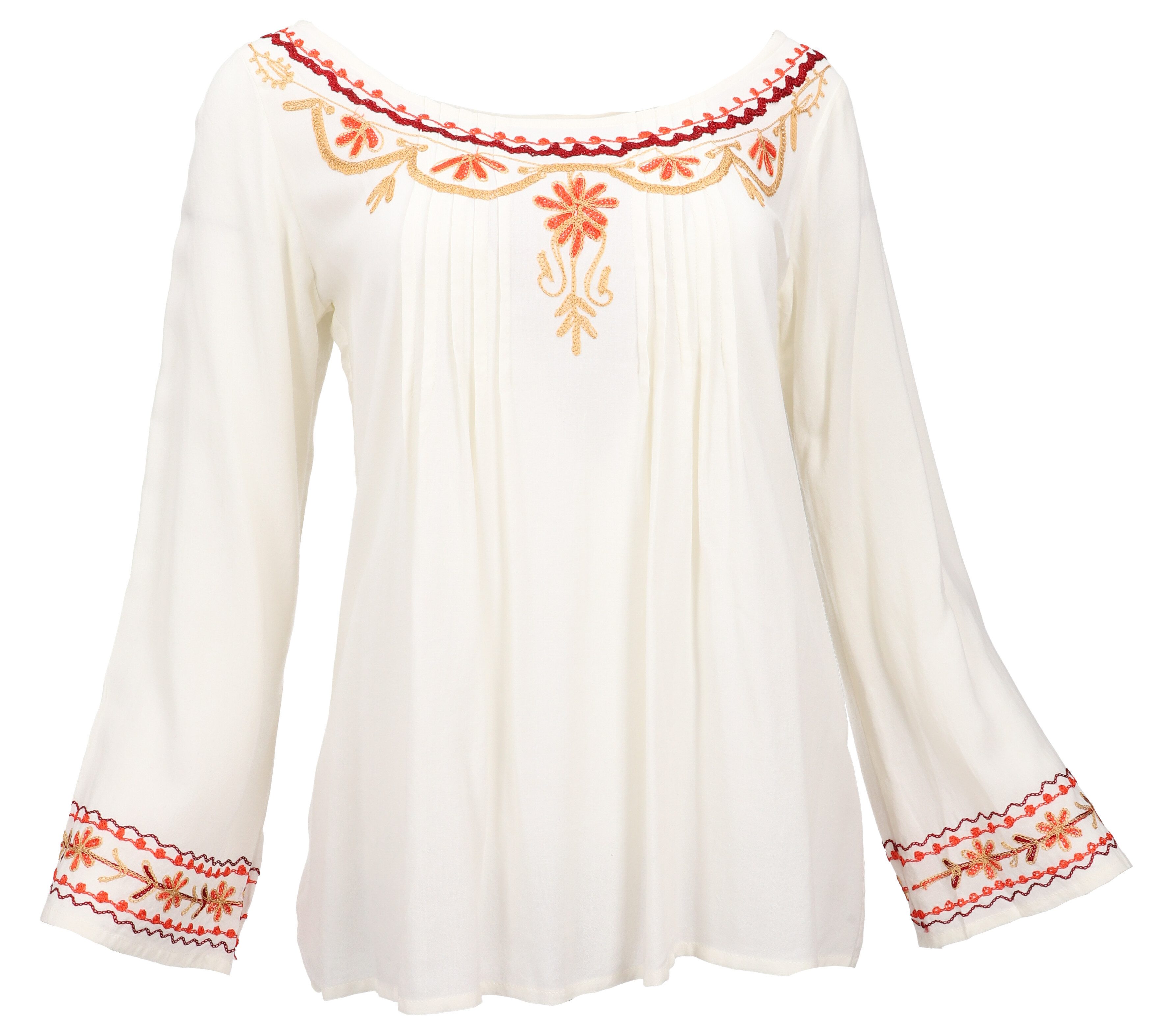 Guru-Shop Longbluse Bestickte Elfenbluse, Boho Damenbluse - cremeweiß alternative Bekleidung