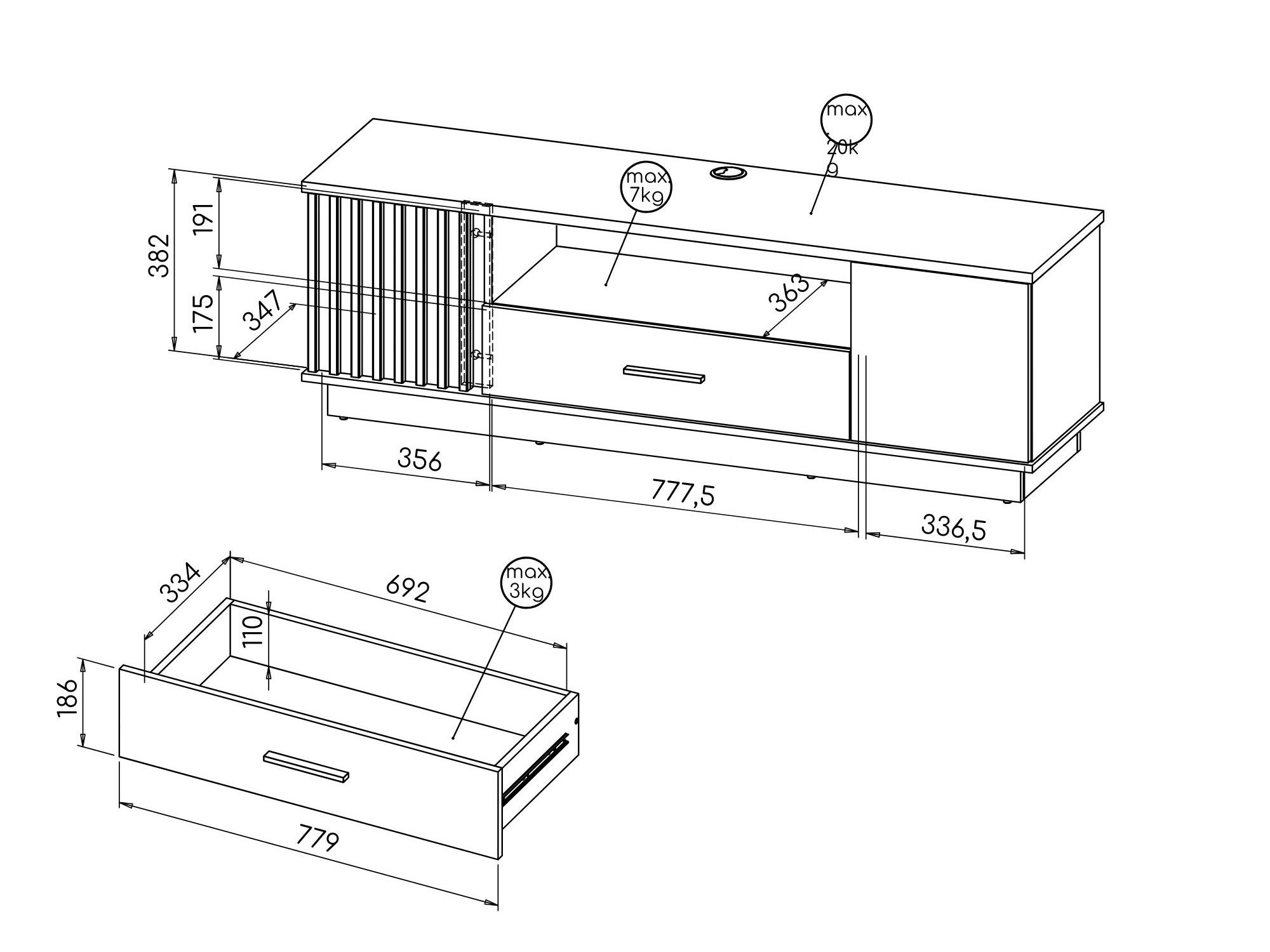 Beautysofa TV-Regal mit Schublade 155cm LAMELO, moderner TV-Schrank, zweitürig mit Stauraum – Bild 4 von 5