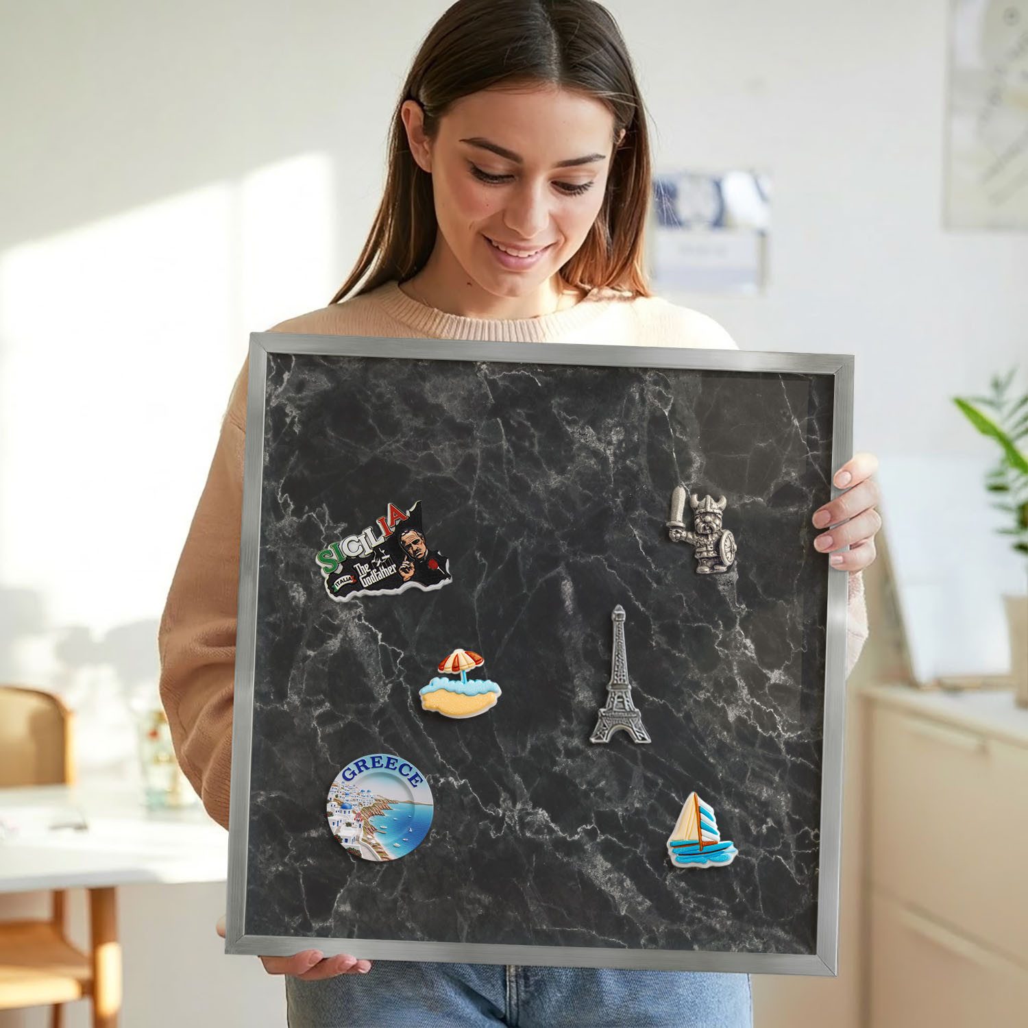 Tulup Magnettafel Dekorative Magnettafel mit Rahmen für Büro und Arbeitszimmer, Schwarzer Marmor, Schwarz