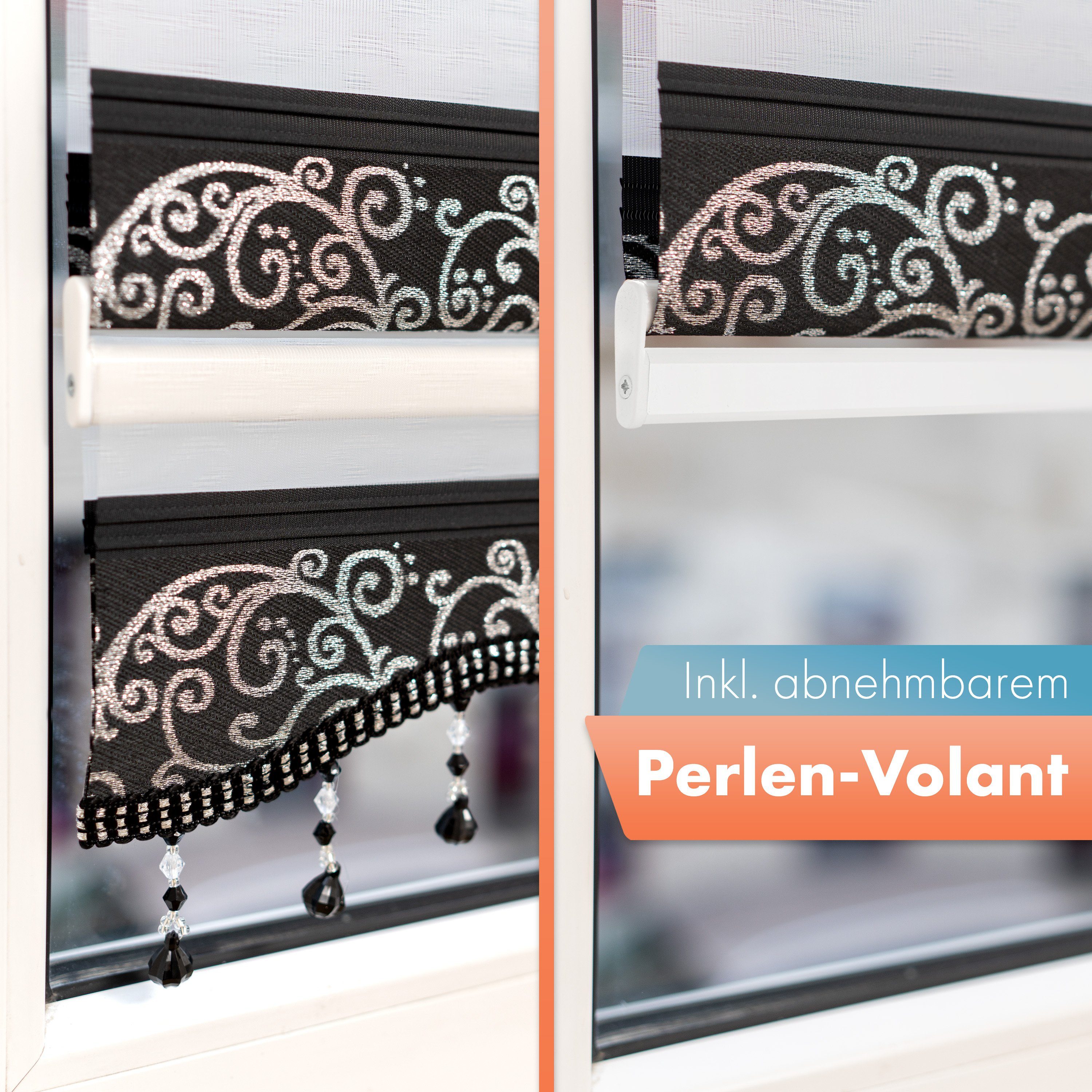 Doppelrollo ohne Bohren, Doppelrollo für Fenster mit Muster, Bailena, Lichtschutz, ohne Bohren, freihängend, Klemmfix, Duo Rollos mit Perlen, glitzernd, Ranken Blumen Motiv
