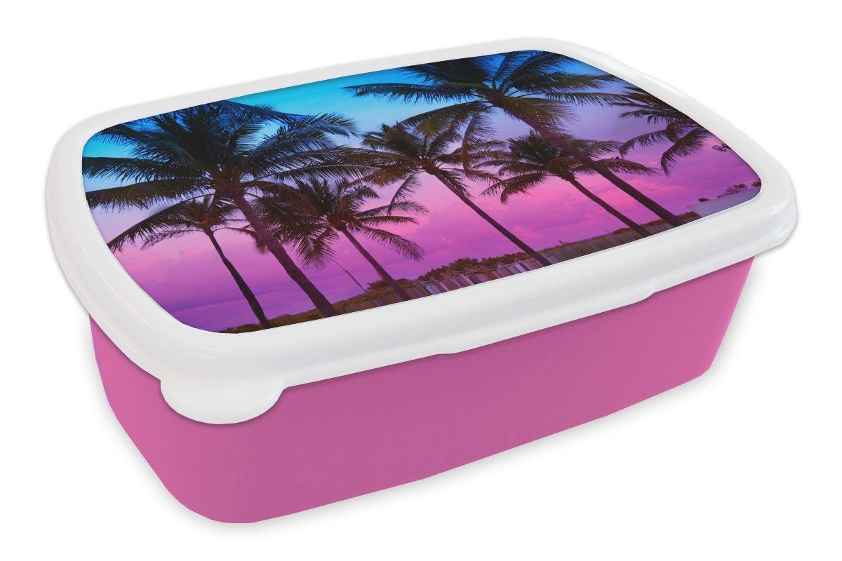 MuchoWow Lunchbox Palmen - Silhouette - Sommer, Kunststoff, (2-tlg), Brotbox für Erwachsene, Brotdose Kinder, Snackbox, Mädchen, Kunststoff rosa