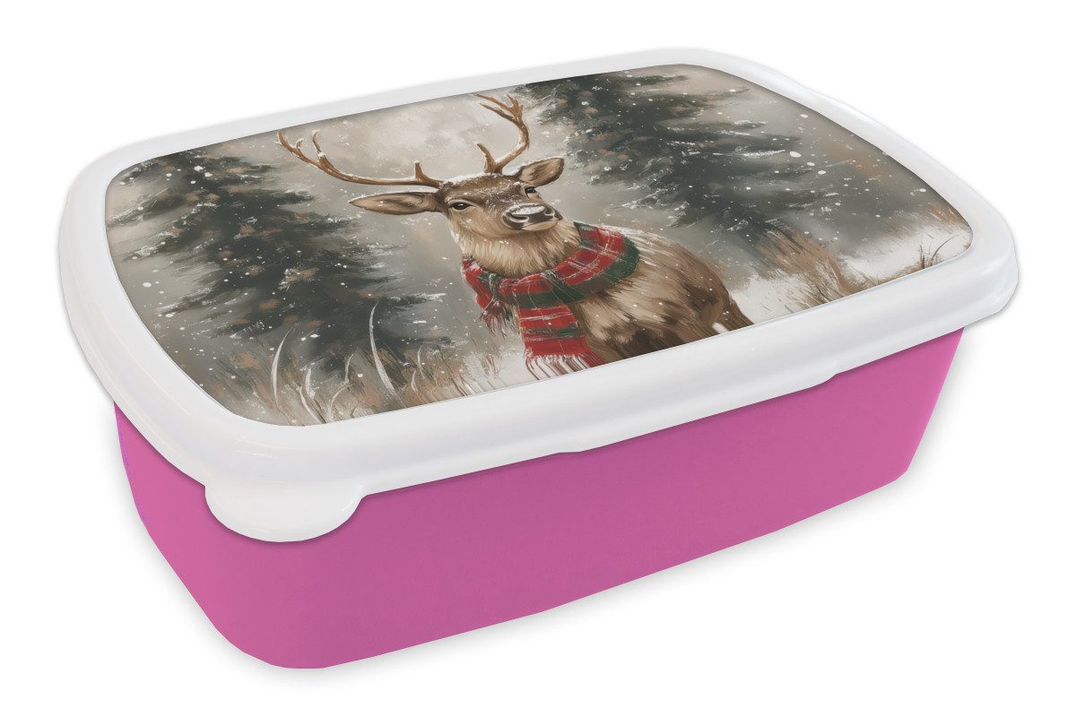 MuchoWow Lunchbox Winter - Wald - Rentier - Dunkelheit, Kunststoff, (2-tlg), Brotdosen, Lunch Box, Brotbox für Kinder und Erwachsene