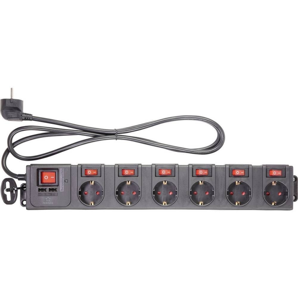 Renkforce 6fach Überspannungsschutz Steckdosenleiste mit USB RF-3313344 Steckdosenleiste (Kabellänge 1.50 m), erhöhter Berührungsschutz, Überspannungsschutz, einzeln schaltbar, mit