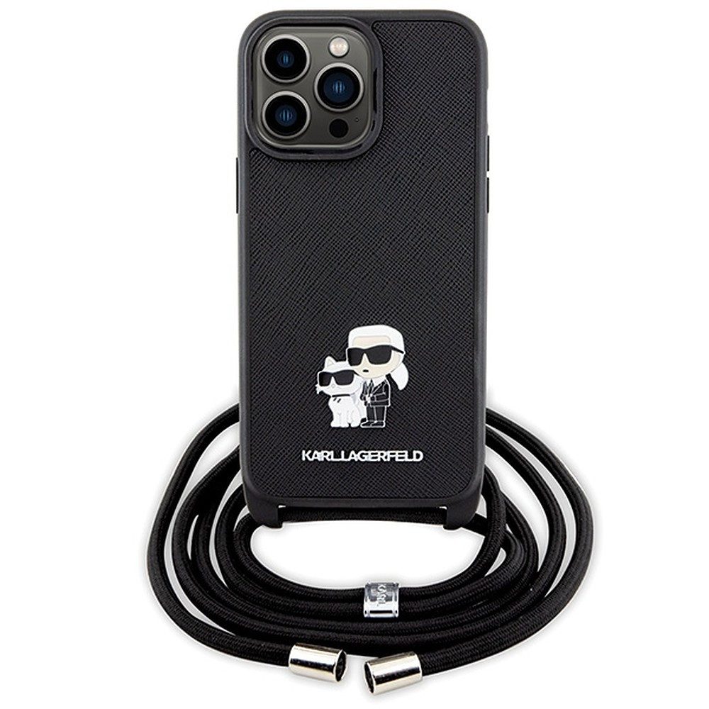 KARL LAGERFELD Handyhülle Schutzhülle Umhängehülle Hartschale 6,7 Zoll, Umhängekordel, Saffiano-Optik, Karl & Choupette Pin