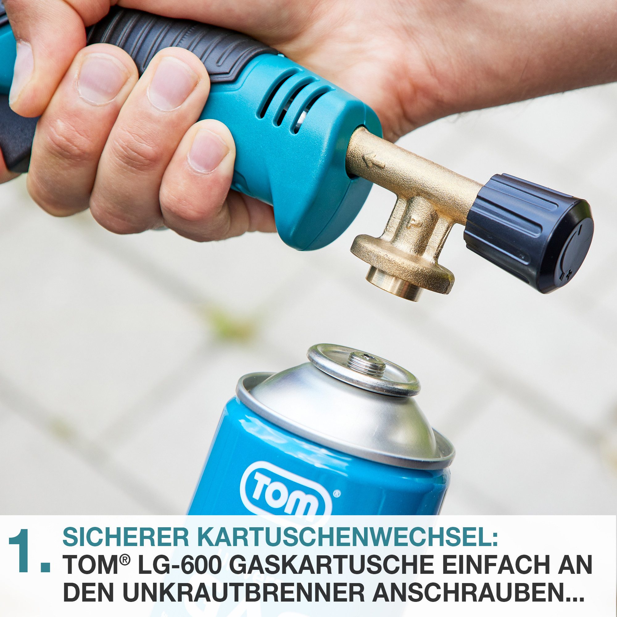 TOM Unkrautbrenner UB-200 mit 4x 330g Gaskartuschen, 1000 °C maximal, Piezozündung, Flammenregulierung, Unkrautvernichter, Unkrautentferner