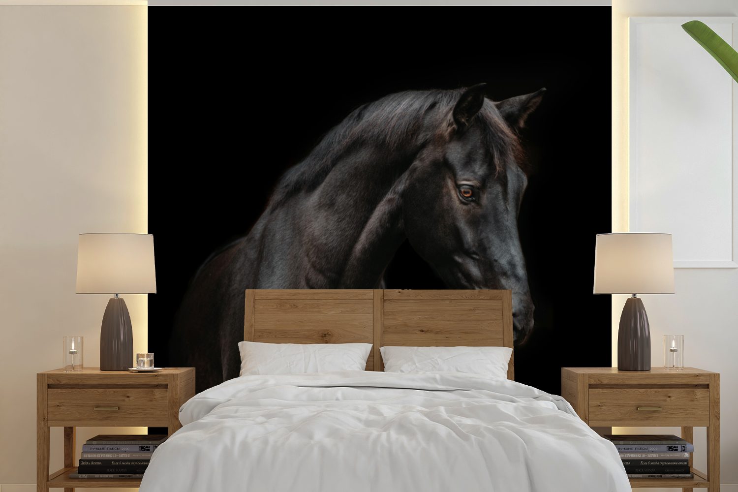MuchoWow Fototapete Pferd - Tier - Schwarz, Matt, bedruckt, (5 St), Vinyl Tapete für Wohnzimmer oder Schlafzimmer, Wandtapete